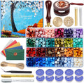 Comealltime Wax Seal Kit with Gift Box, 624 Pcs 24 Colors Sealing Beads, 2 Pcs Stamps, Sealing Wax Warmer, Metallic Pen, Envelope, Candles for Wedding Birthday Gift and DIY Craft, Sellado de Cera
