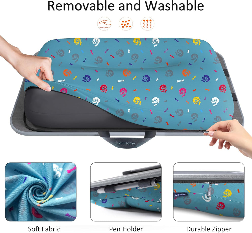 Millhome Lap Desk | Portable Laptop Desk – Fits Up to 17.3" Laptops – Detachable & Washable Cushion, Phone Holder, Device Ledge – for Writing, Working, Reading on Bed, Couch, Floor – Maui Blue Skull