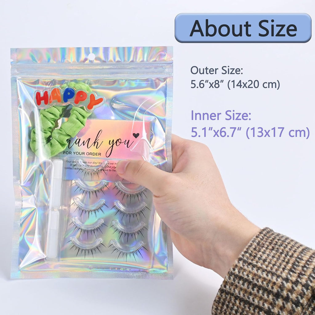 100 Pack Holographic Resealable Plastic Bags for Food Storage, Zipper Bags with Clear Front Window, Packaging Pouch for Small Business (100 Pack, 5.6x8 inch)