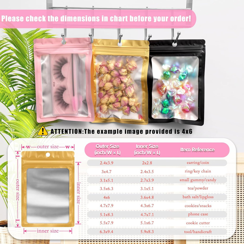 FUNFERY 100 Pack Mylar Resealable Bags Foil Packaging Bags with Clear Window,Zipper Pouch Smell Proof Bag for Food Storage,Cookies,Sample,Small Business(Gold,3x4.7inch)