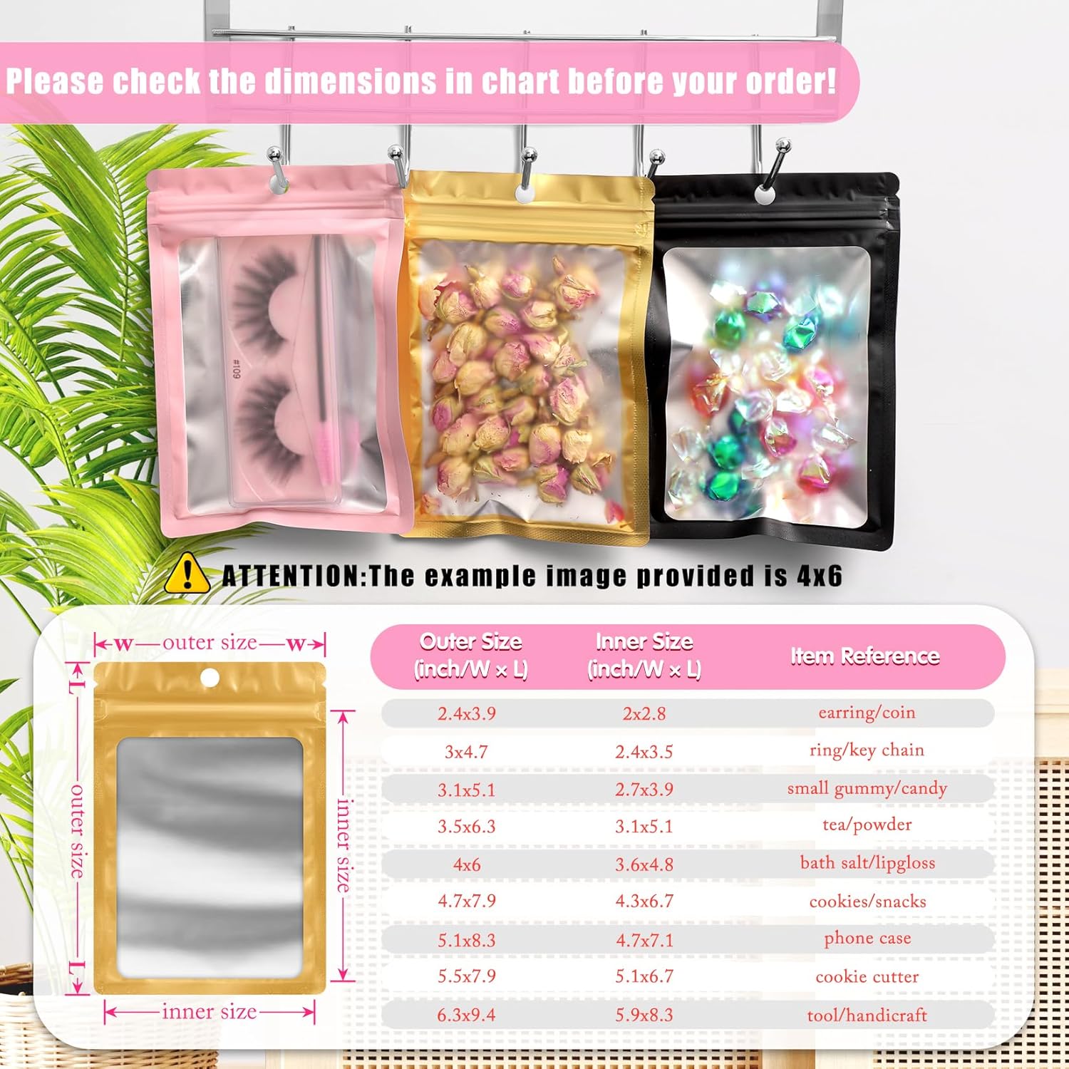 FUNFERY 100 Pack Mylar Resealable Bags Foil Packaging Bags with Clear Window,Zipper Pouch Smell Proof Bag for Food Storage,Cookies,Sample,Small Business(Gold,4x6inch)
