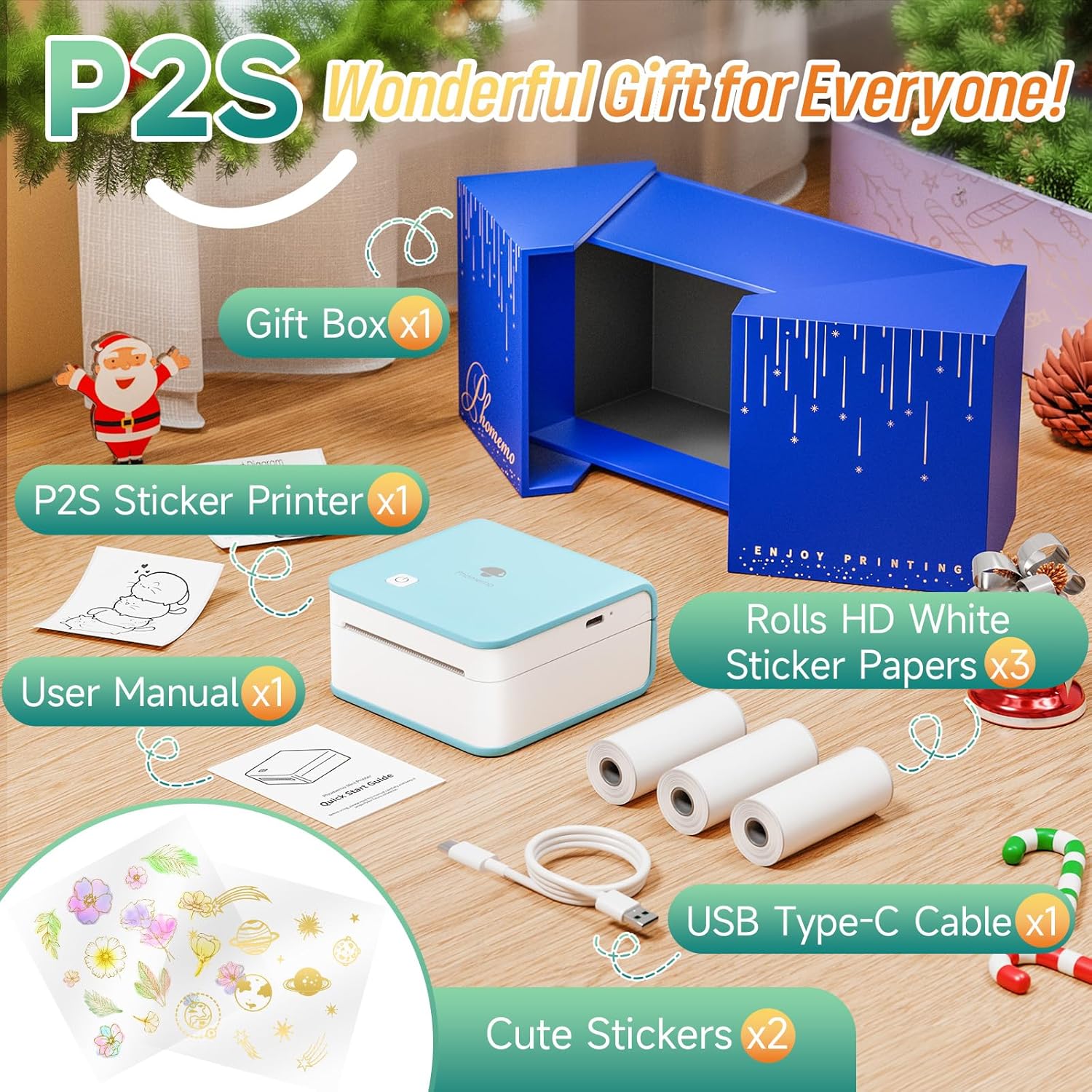 Phomemo Mini Printer Sticker Maker - Mini Sticker Printer P2S, Print Pod Pocket Machine Bluetooth Thermal Label Maker for Study Notes, Photos, List, Journal, Memo, Gift, Receipt, 3 Rolls, Cyan