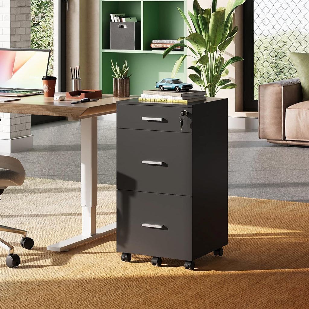 DEVAISE 3 Drawer Rolling File Cabinet with Lock, Wood Filing Cabinet fits Letter / A4 Size for Home Office, Black