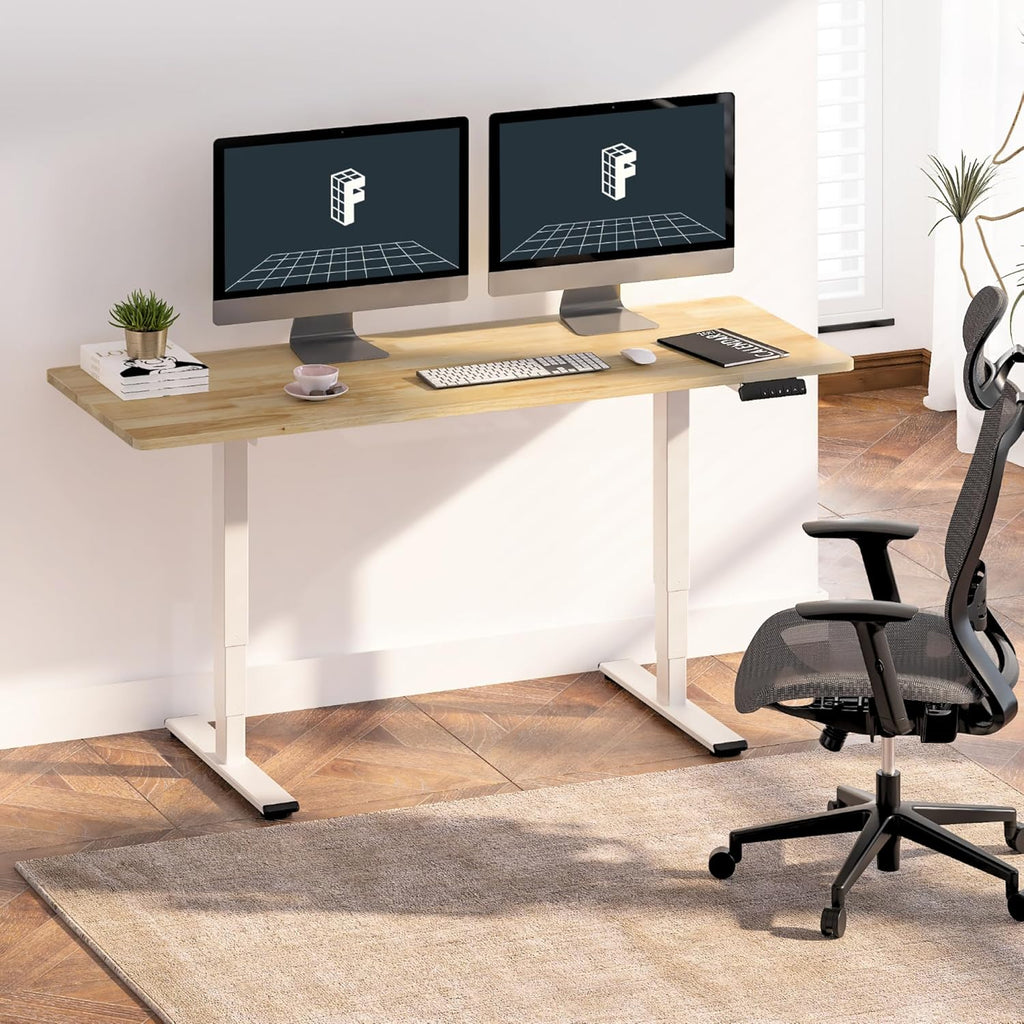 FLEXISPOT E6 Essential Solid Rubber Wood 3 Stages Dual Motor 71x30 Inch Electric Height Adjustable Standing Whole-Piece Board Desk Sit Stand Up Desk (White Frame + Solid Wood Desktop)