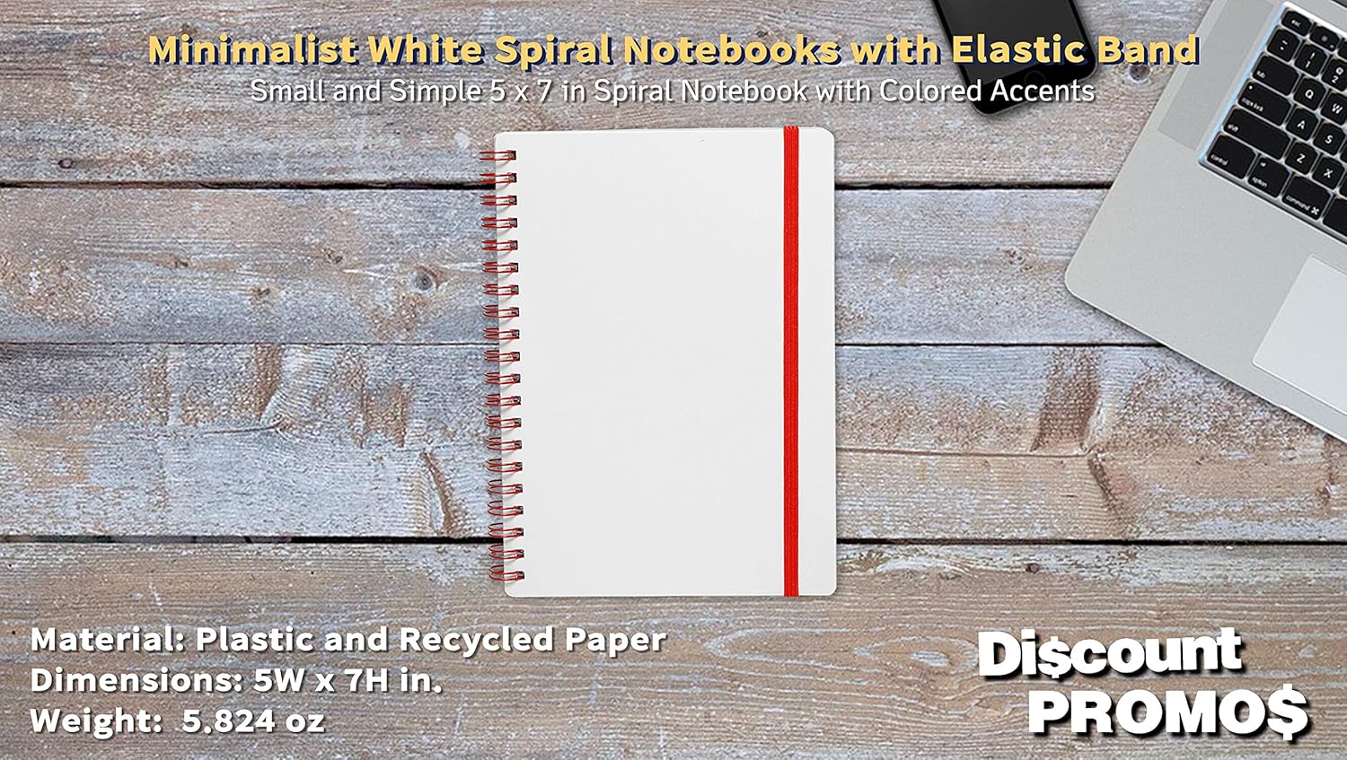 10 White Spiral Notebooks with Elastic Band Pack - 80 lined pages, Recycled - Red