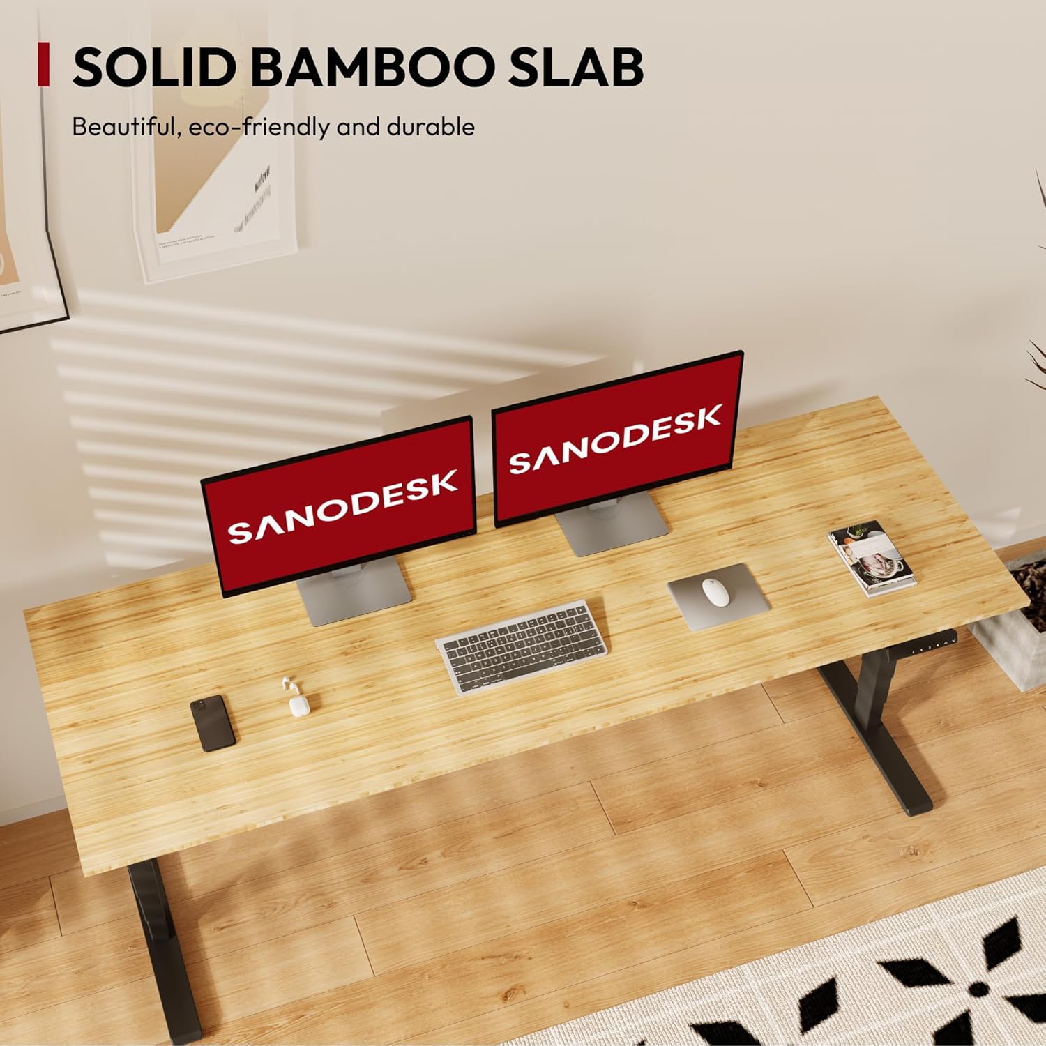 Standing Desk with Dual Motor, 3-Stage Lifting Column, Handset with 3 Preset and Sit-Stand Reminder - 78 inch Whole Piece Real Bamboo Desk/Black Frame, Height Adjustable Desk for Home and Office