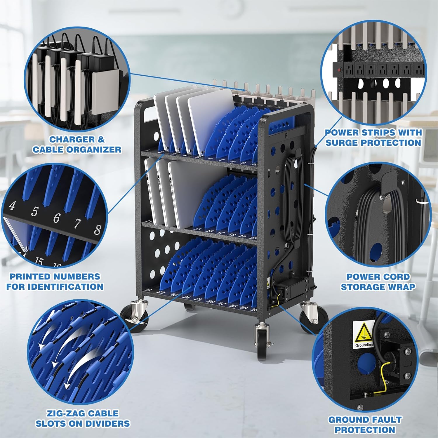 30 Unit Mobile Charging Cart - Open Charging Station Rack for iPad, Chromebooks, Tablets 14inch -  Tablet Organizer Station for Classroom - Laptop Storage Cart with Cable and Charger Organization