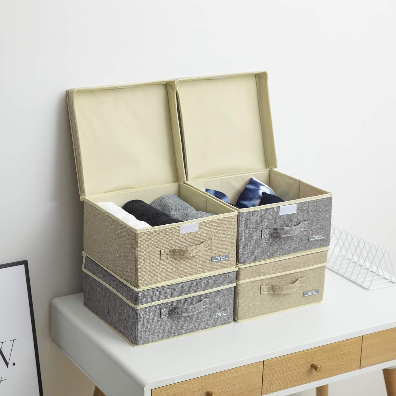 YueYue Foldable Fabric Closet Organizer Bins Box Storage - 2 Pack 12.4 X 12 X 6.7 Inch Storage Bins With Lids Boxes Linen - Bins Storage Box Collapsible Cloth Pack Lid