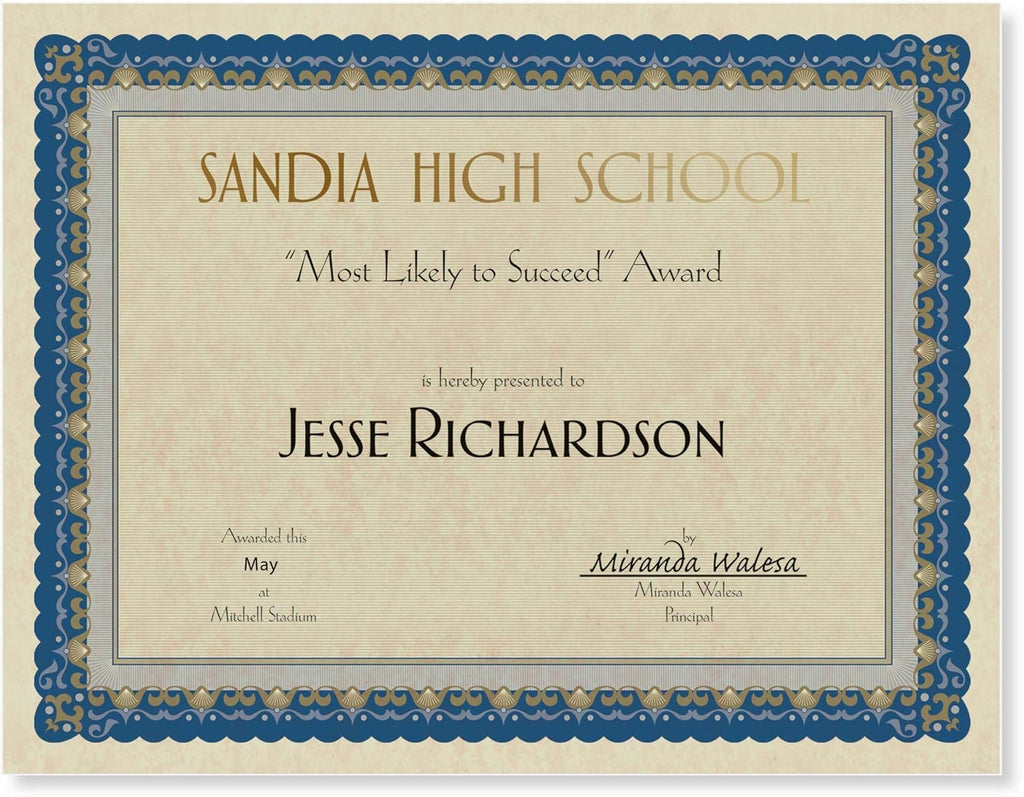 PaperDirect Pageantry Standard Certificate Paper, Blue and Gold Border, 8.5 x 11 Inch, 28lb Parchment Certificates and Awards Paper, 100 Count, for School, Work, Diplomas & Award Certificates