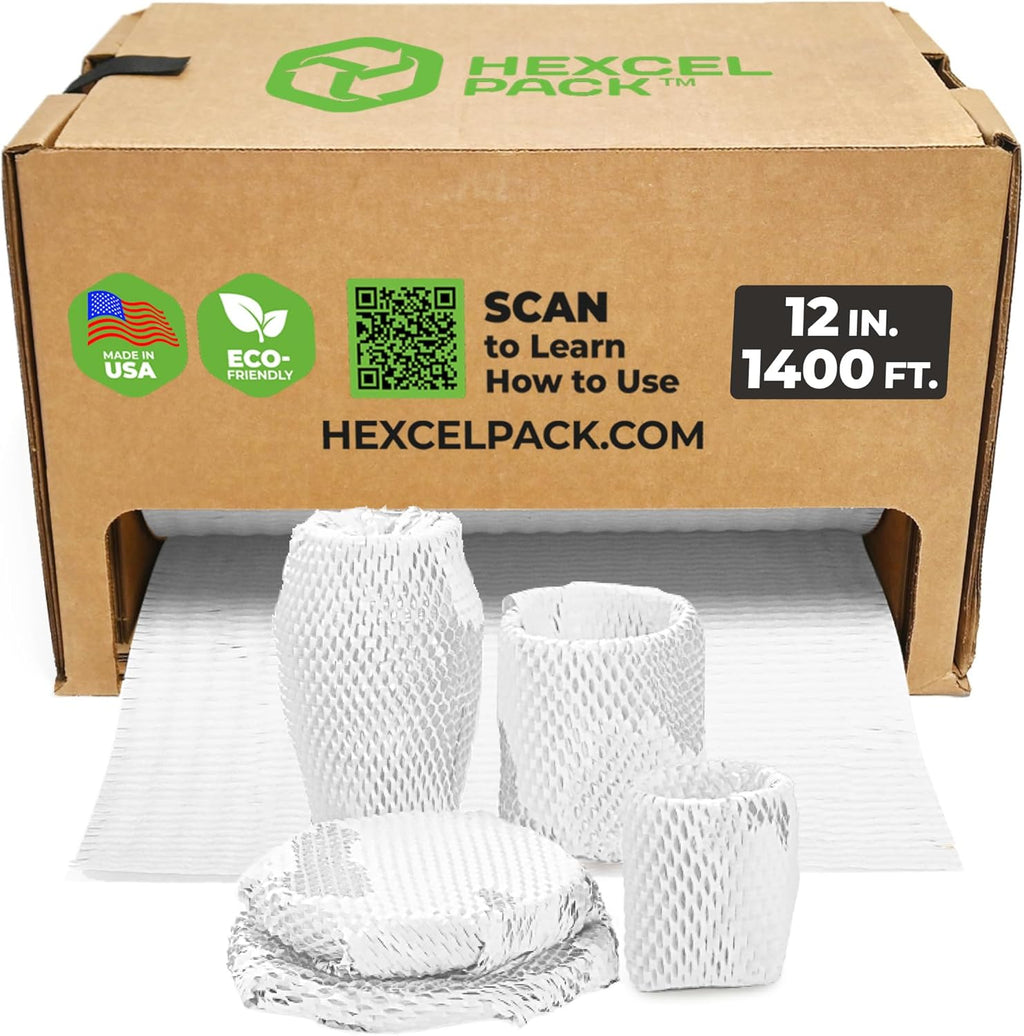 HexcelWrap Mini - Honeycomb Packing Paper, Eco-Friendly, Sustainable Paper Bubble Wrap for Shipping & Moving, Cushioned Packing Material in Easy Self-Dispenser Box - White, 12" x 1400'