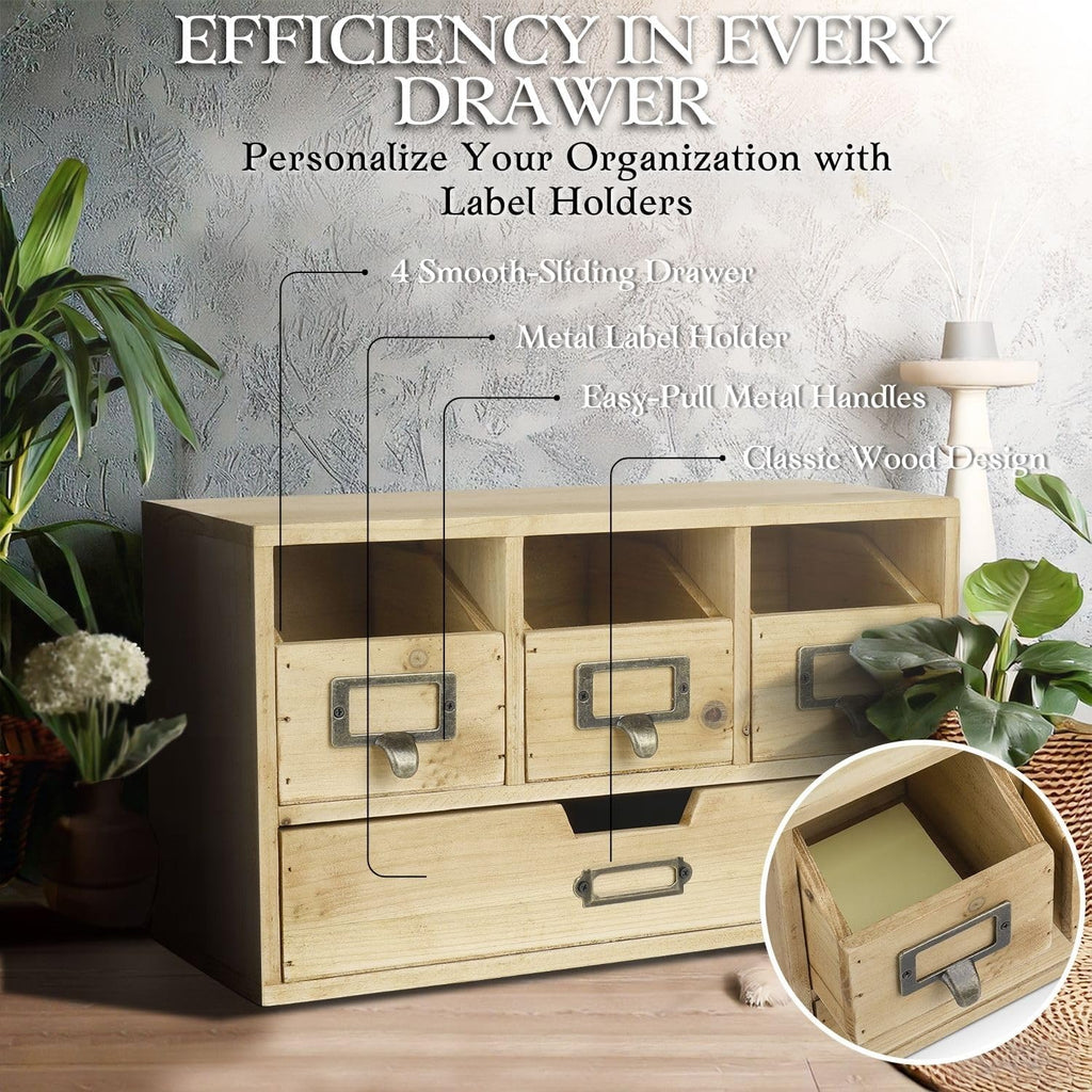 Flexzion Apothecary Cabinet with 4 Drawers - Vintage Natural Wood Desktop Organizer for Home & Office Supplies - Tabletop Wooden Storage for Catalog, Card, Jewelry, Makeup, Craft & Tools