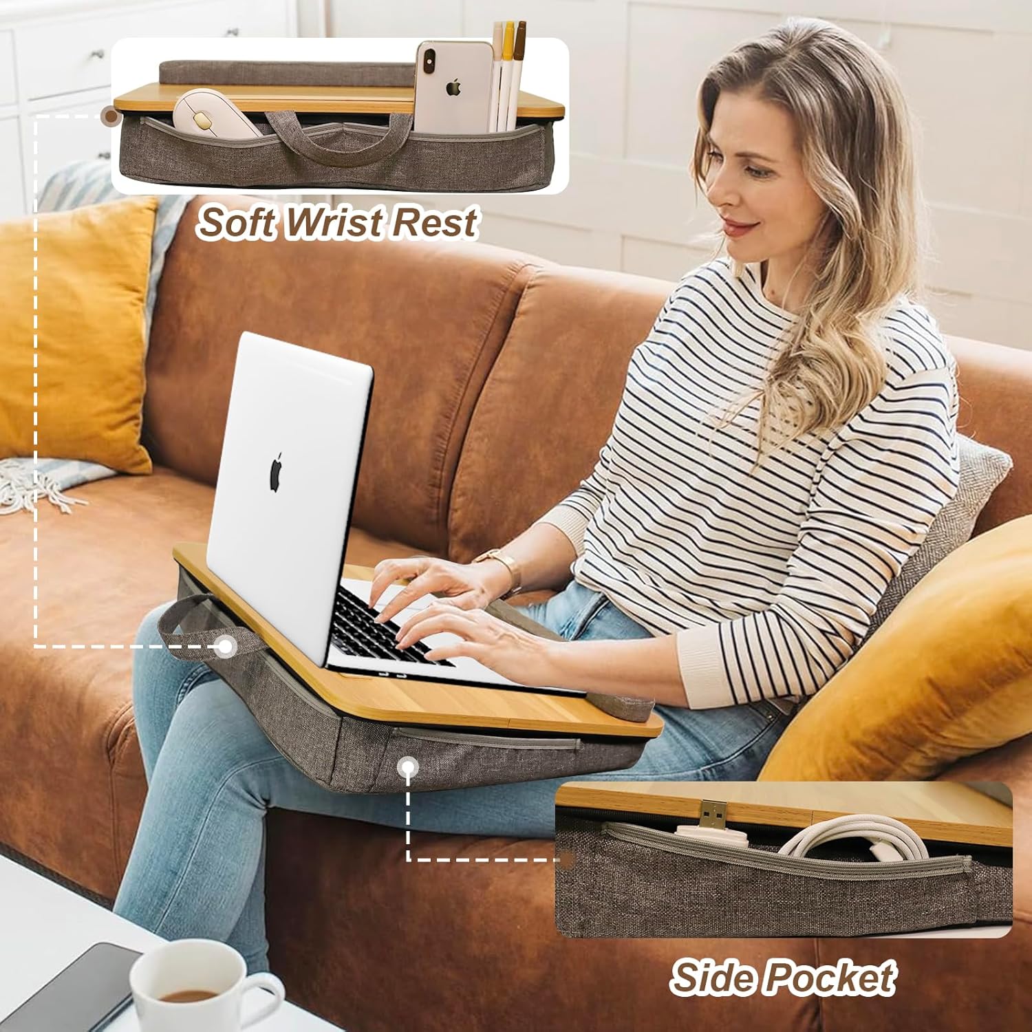 Portable Lap Desk for Laptop with Cushion, Storage Bag Fits Up to 15.6 Inch Laptop, Adults with Ipad/Phone & Pillow Holder for Home Office Bed Couch- Light Wood Color