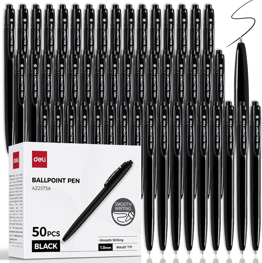 deli Pens Bulk, 50 Pack Retractable Ballpoint Pens, 1.0MM Black Ink,Smooth Writing, No Bleed, Comfortable Grip for Home,Office & School Use