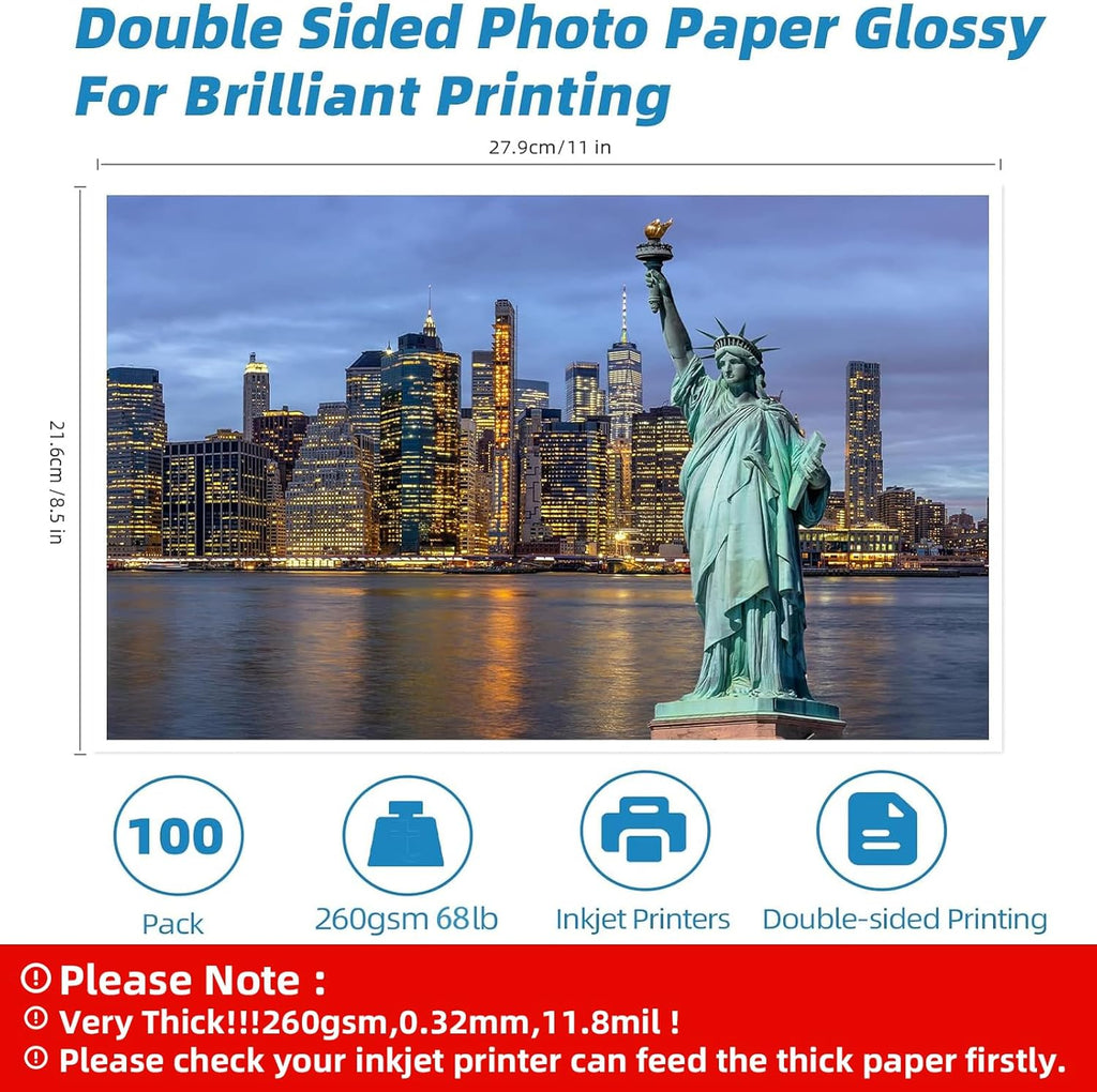 Uinkit Thick Photo Paper Glossy Double Sided 100 Sheets 8.5x11 Heavyweight 68lb 260gsm Inkjet Both Sides Printable 11.8mil A4 Letter size Flyer Bulk Pack 8.5 x 11 Card paper postcard postal A189