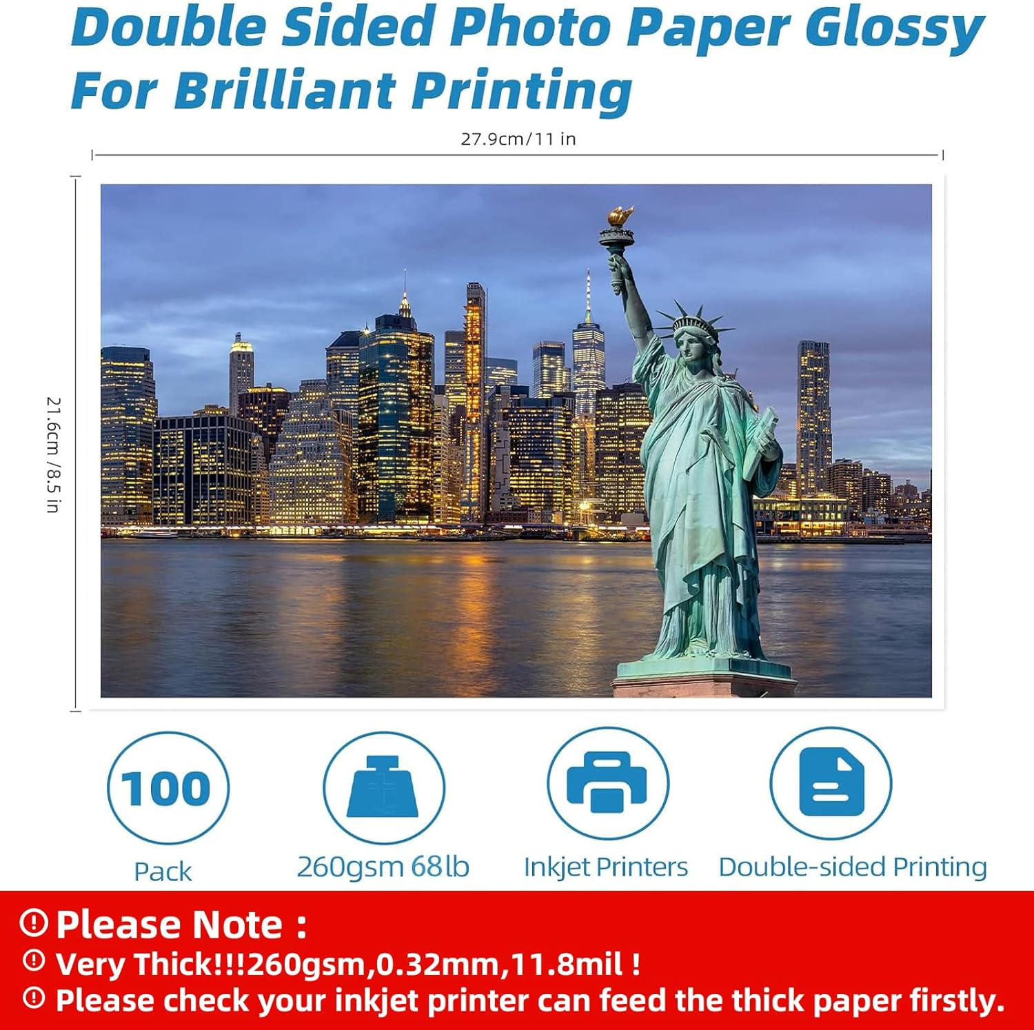 Uinkit Thick Photo Paper Glossy Double Sided 100 Sheets 8.5x11 Heavyweight 68lb 260gsm Inkjet Both Sides Printable 11.8mil A4 Letter size Flyer Bulk Pack 8.5 x 11 Card paper postcard postal A189