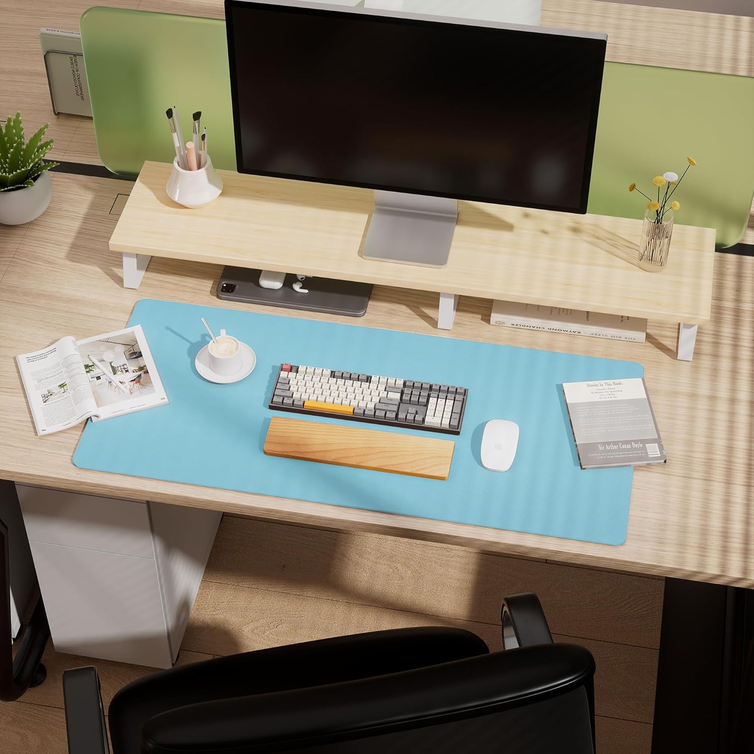 Aothia Double-Sided Desk Pad – 37.8"x17" Leather Desk Mat with Eco Cork Protector, Large Mouse Pad, Waterproof Desk Blotter for Office/Home (Blue Topaz)