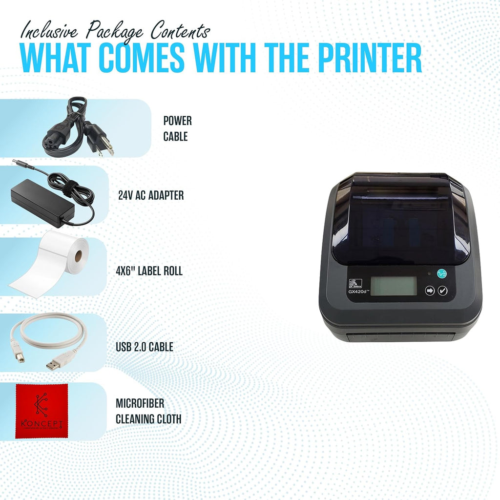 GX420D Zebra Direct Thermal Label, Receipt & Barcode Printer - 1 Year Warranty - with USB 2.0 Cable, 4x6 Label Roll, 24V & Microfiber Cleaning Cloth - Parallel Connectivity (Renewed)