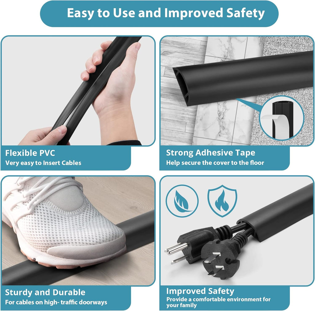 3FT PVC Cord Hider, Black Floor Cord Protector with 0.7 x 0.4 Inch Extension, Soft Wire Covers
