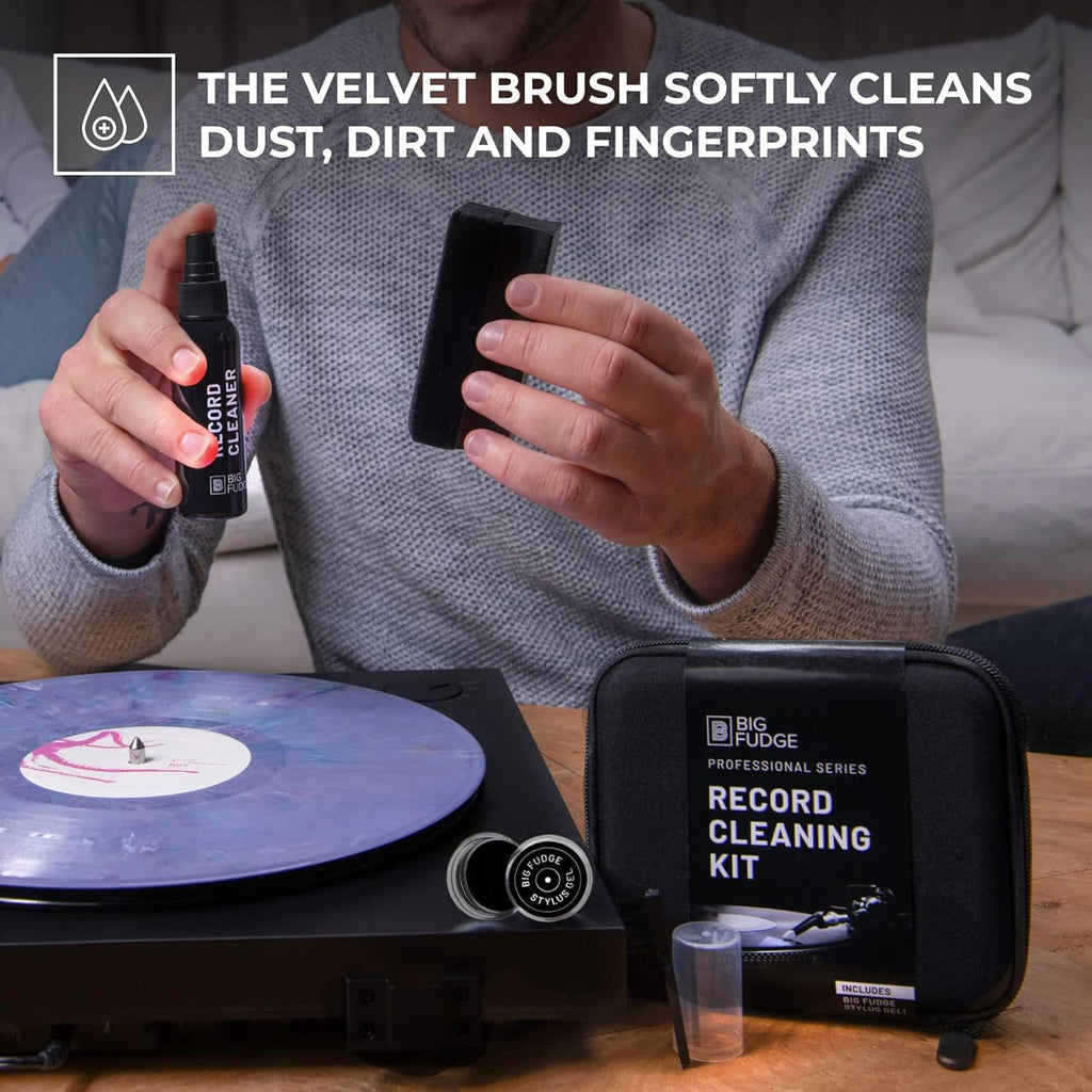 BIG FUDGE Professional Series Vinyl Record Cleaner Kit - Vinyl Record Cleaning Kit Includes Vinyl Record Brush Cleaning Fluid, Stylus Gel, Brush for Velvet, Padded Storage Case