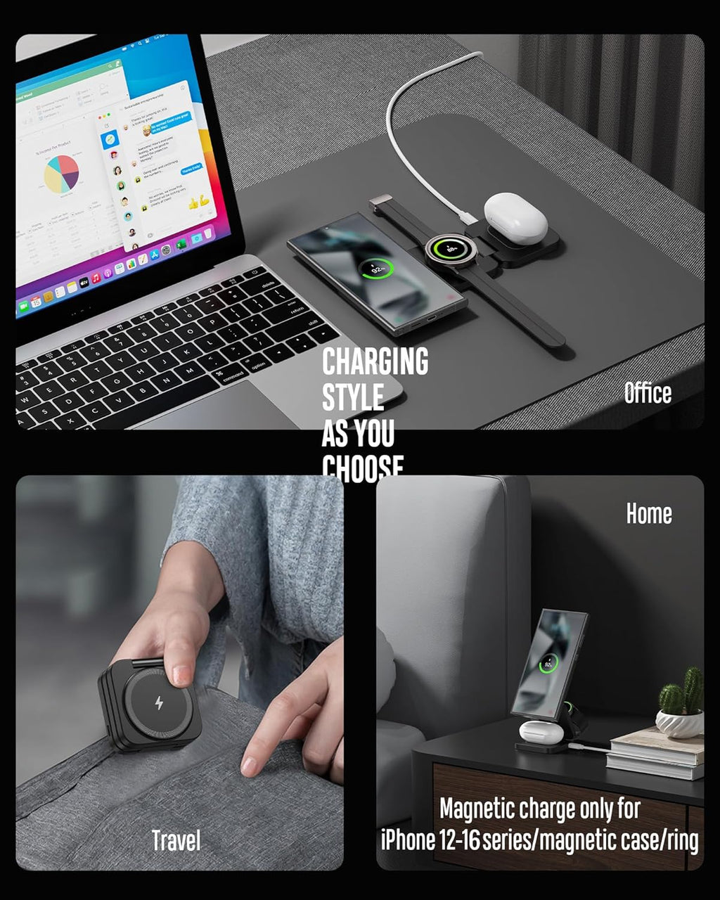 Foldable 3 in 1 Wireless Charging Station for Samsung, KU XIU X55 Ultra Magnetic Travel Charger Stand for Galaxy S24 Ultra S23 S22 Note 20 Z Fold Flip 6 5, Galaxy Watch Ultra 7 6 5, Galaxy Buds, Black