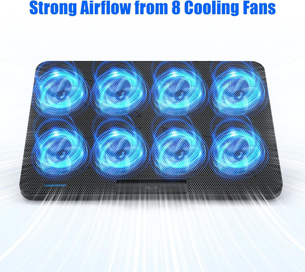 LIANGSTAR Laptop Cooling Pad, Laptop Cooler with 8 Quiet Fans for 12-17 Inch Gaming Laptop Fan Cooling Pad Stable Stand 7 Height & Wind Speed Adjustable, 2 USB Port & Phone Holder