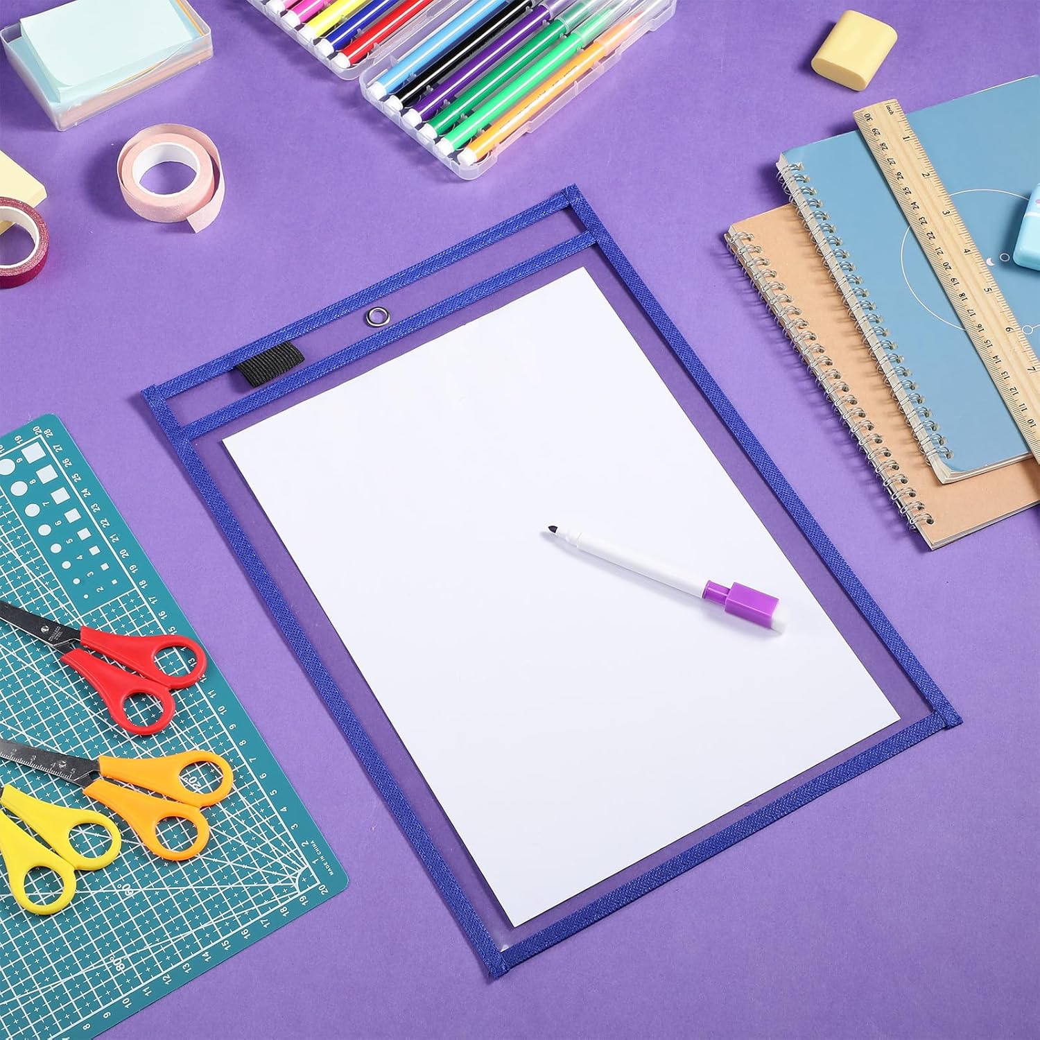 Nezyo Dry Erase Pockets Plastic Job Ticket Holders Shop Holder Order Pockets Clear Sleeves Tickets Folders Plastic Sleeves Paper Teacher Supplies for Classroom (14 x 10 in,Blue,12 Pcs)