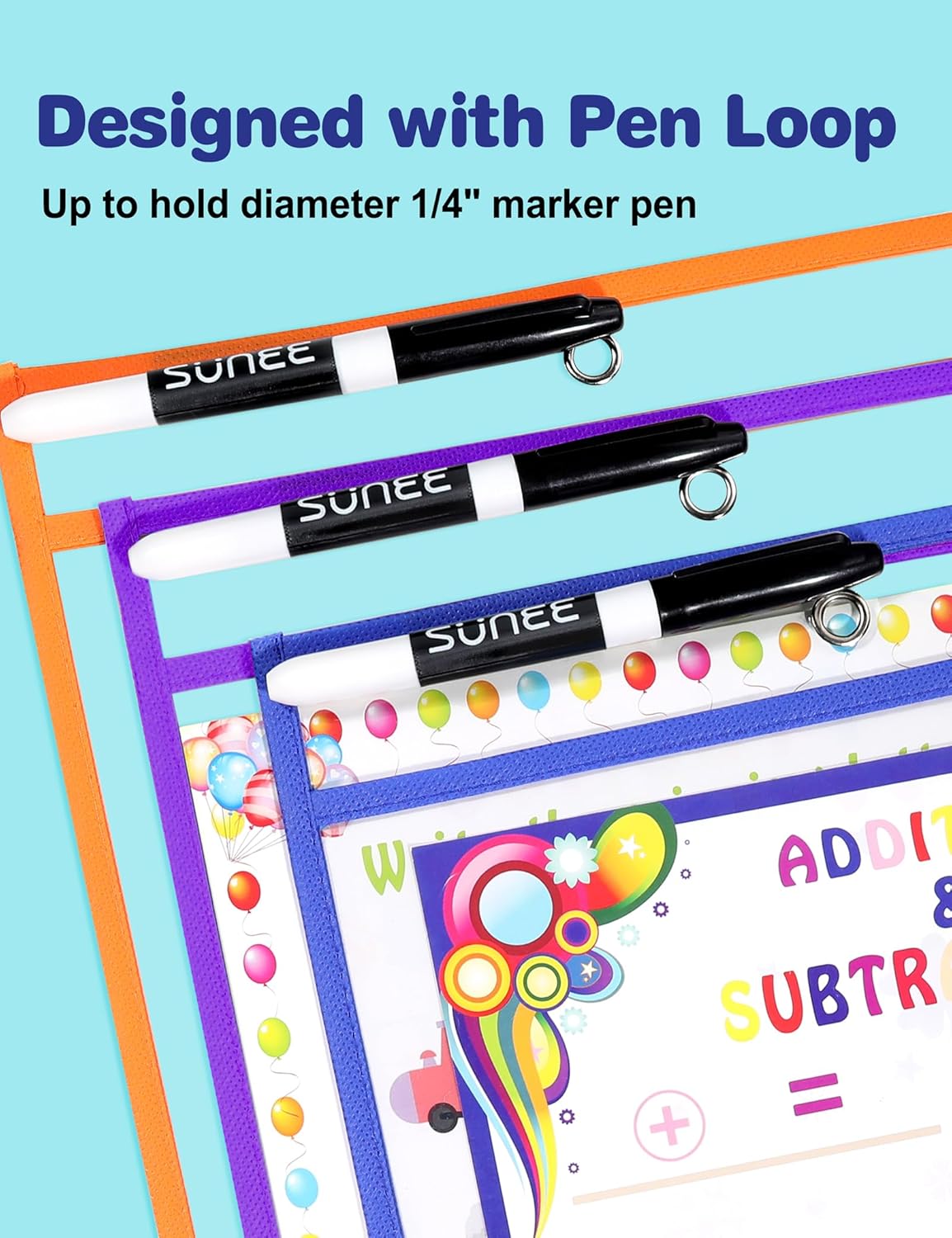 SUNEE 30 Packs Oversized Reusable Dry Erase Pocket Sleeves with 2 Rings, 10 Assorted Colors 10x14 Ticket Holders, Clear Plastic Sheet Protectors, Teacher School Classroom Supplies