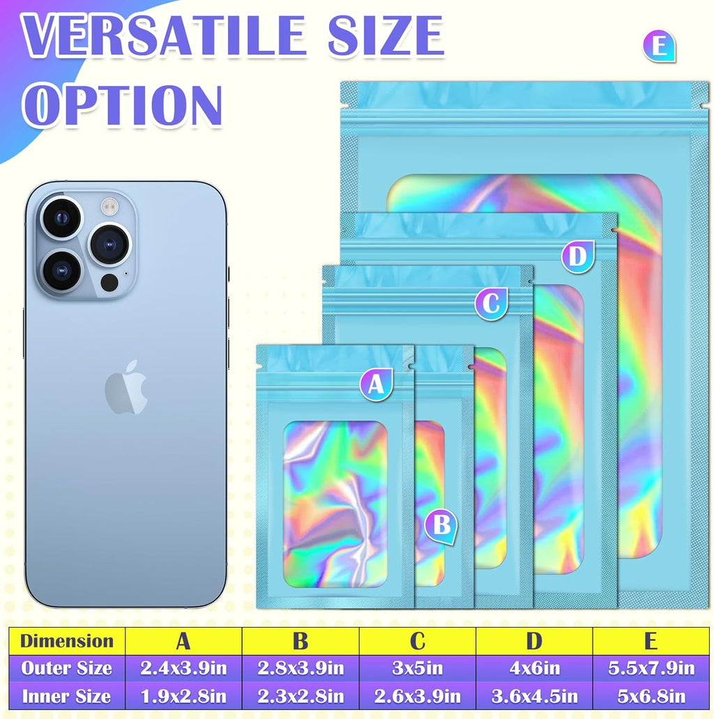 100 Pcs Mylar Bags, Holographic Resealable Bags for Small Business, Foil Pouch, Candy Sample Jewelry Bag Sealable Packaging for Party Favor, Food Storage (4x6in-Blue)