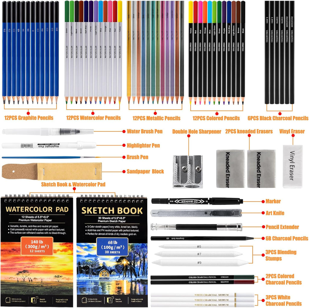 Art Supplies Drawing Pencils Set - 76 Pack Pro Sketching Kit with Sketchbook & Watercolor Pad, Includes Graphite, Charcoal, Watercolor & Metallic Pencils for Kids, Teens, Adults