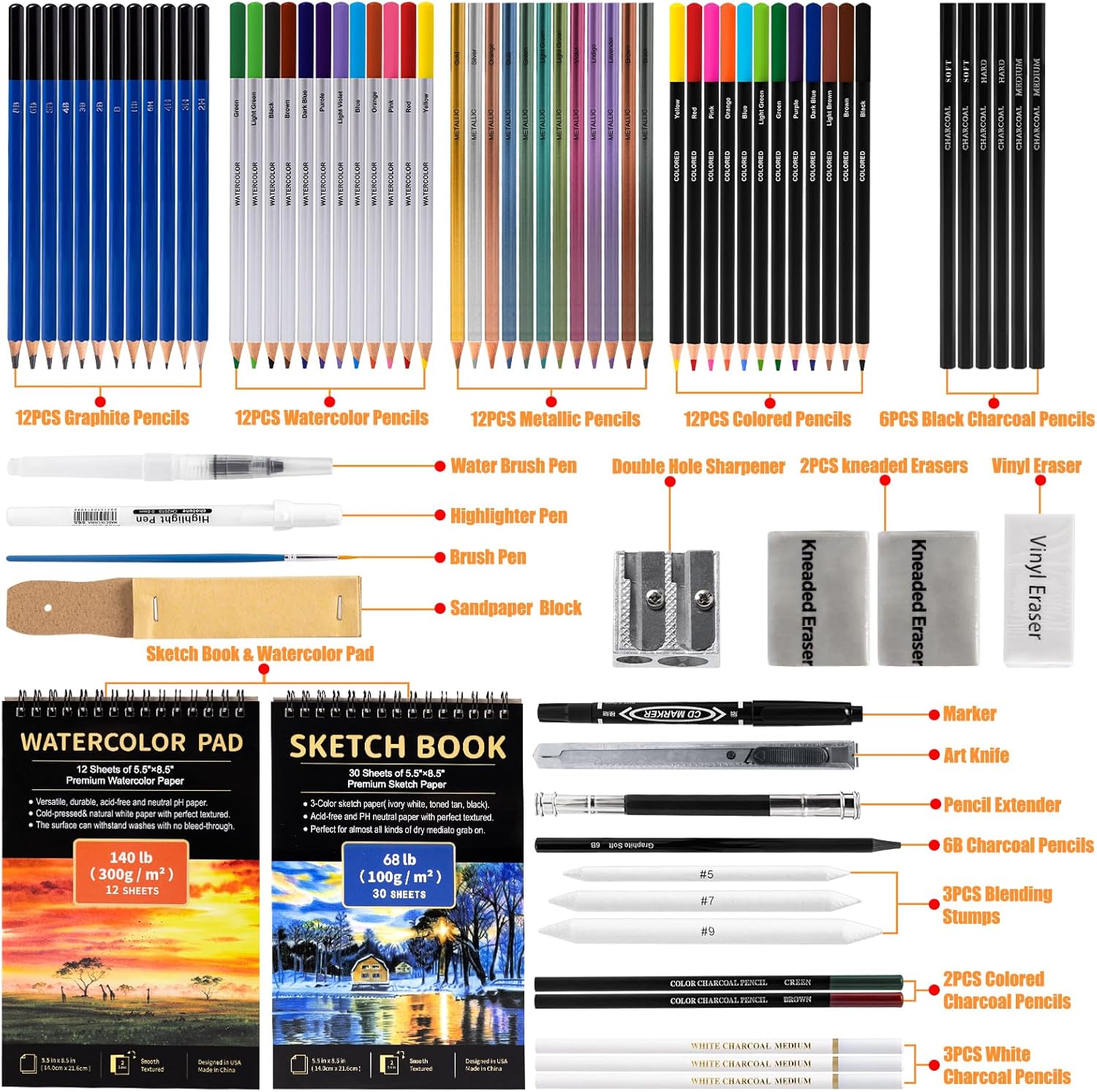 Art Supplies Drawing Pencils Set - 76 Pack Pro Sketching Kit with Sketchbook & Watercolor Pad, Includes Graphite, Charcoal, Watercolor & Metallic Pencils for Kids, Teens, Adults