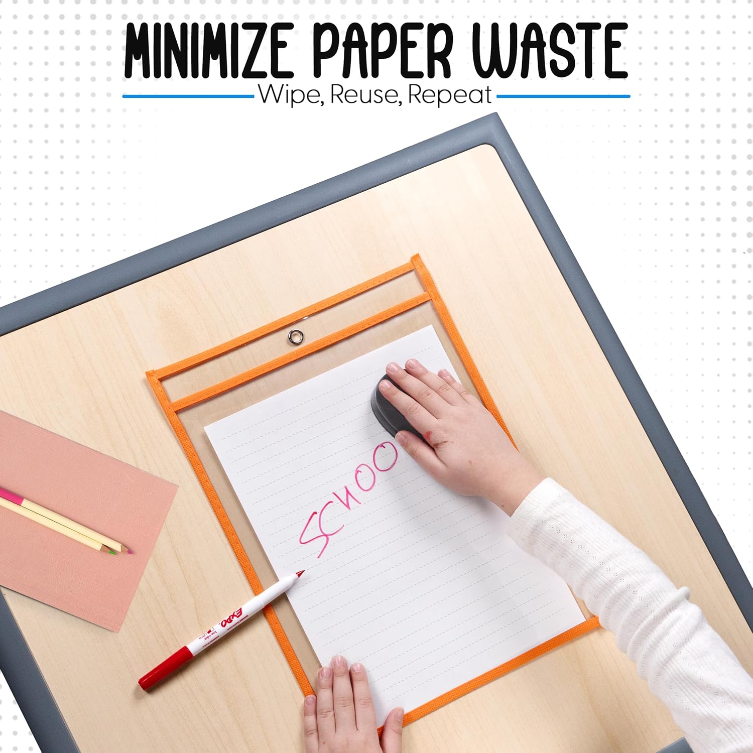 Essex Wares - 6 Pack, Orange, Dry Erase Pocket Document Protectors, 10" Wide x 13.5" Tall - Dry Erase Clear Plastic Sleeves - Reusable & Easy Erase Plastic Invoice Holders, Water-Resistant & Durable