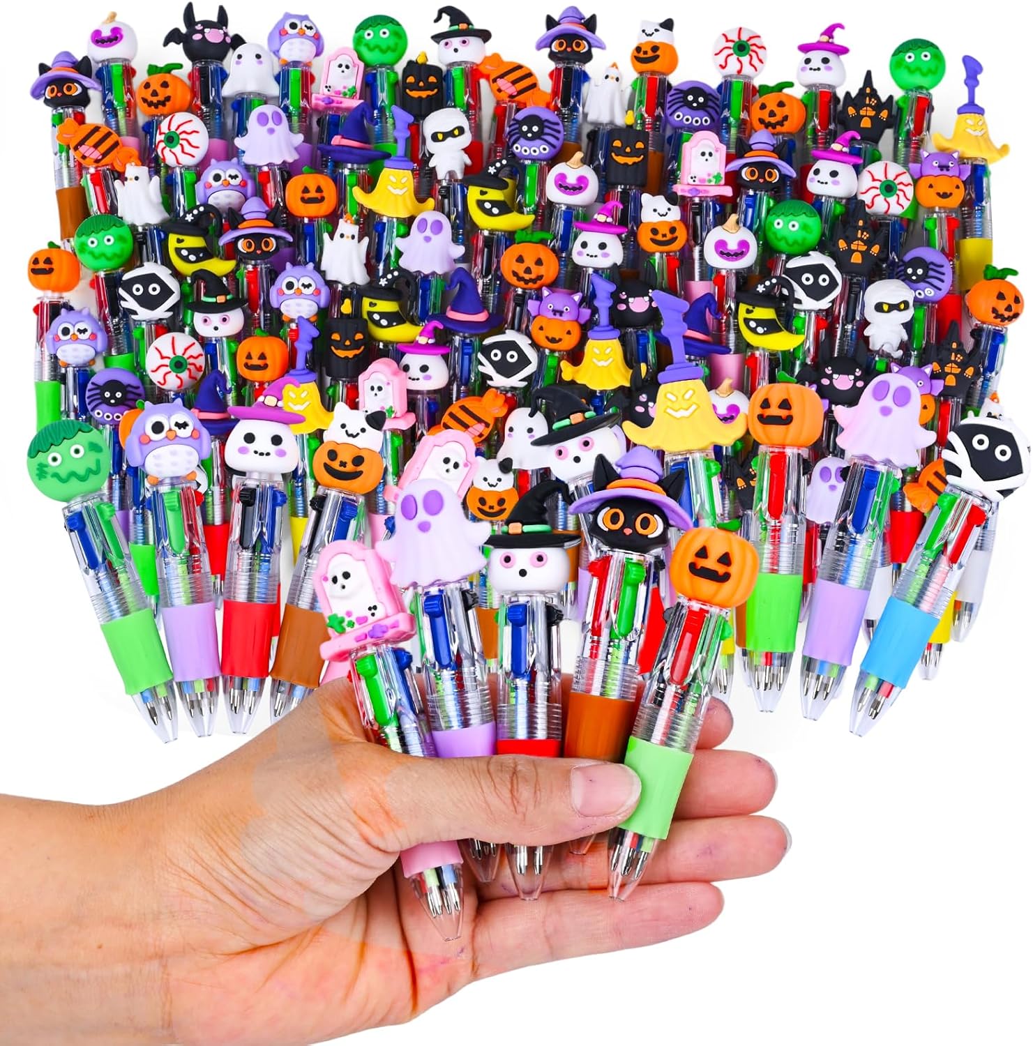 LiYiQ 50 Pcs Halloween Colorful Multicolor Pen in One Cartoon Cute Fun 4-in-1 Cute Pens Bulk Kawaii Pumpkin Ghost Bat Shape Cool Ballpoint Pens for Kids Fun Gifts