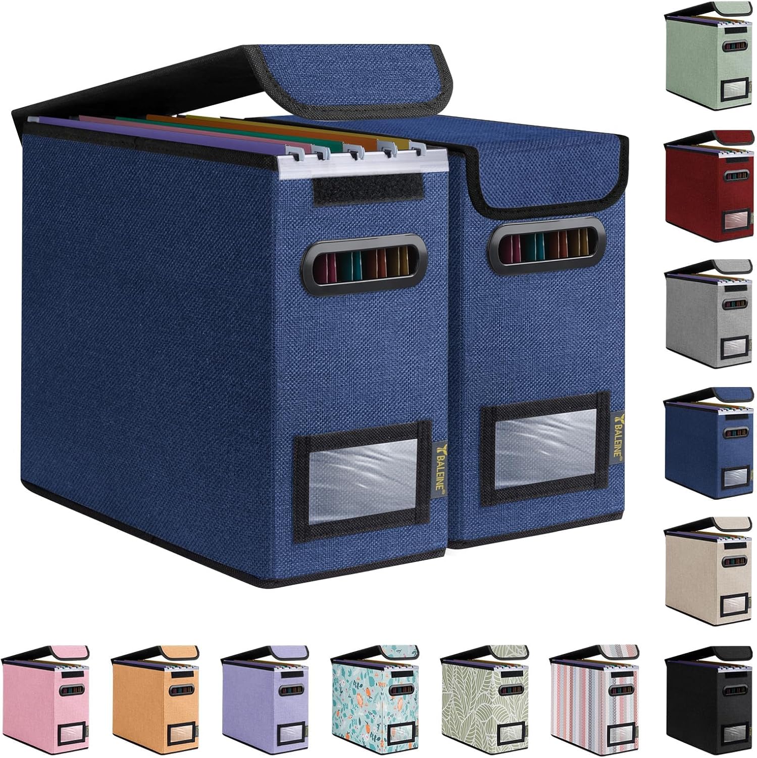 BALEINE File Organizer Box with Lid, Collapsible File Folder Organizer with Plastic Slide, Hanging File Folder Box for Office Document Storage (2 Pack, Blue, S)