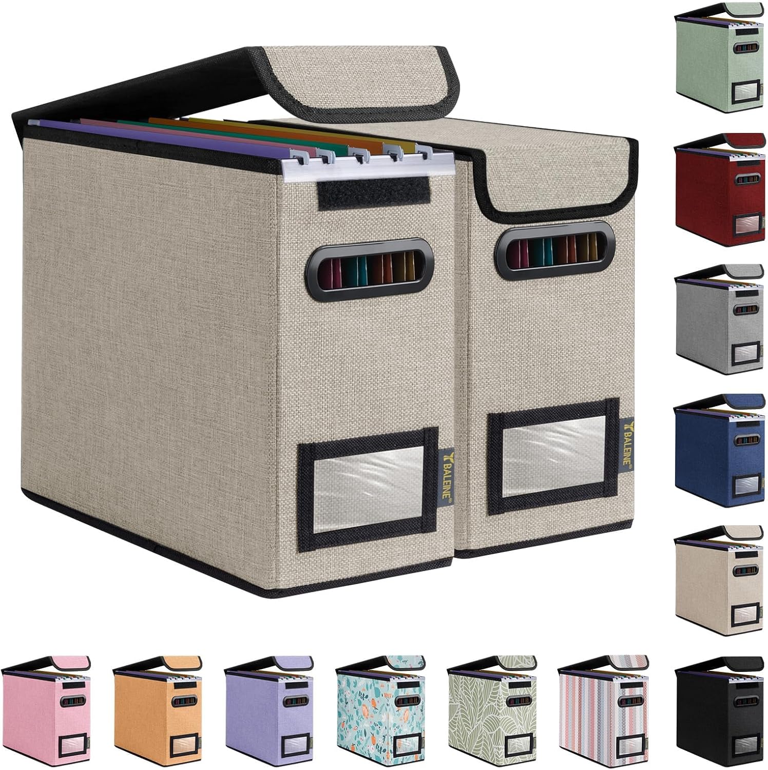 BALEINE File Organizer Box with Lid, Collapsible File Folder Organizer with Plastic Slide, Hanging File Folder Box for Office Document Storage (2 Pack, Beige, S)