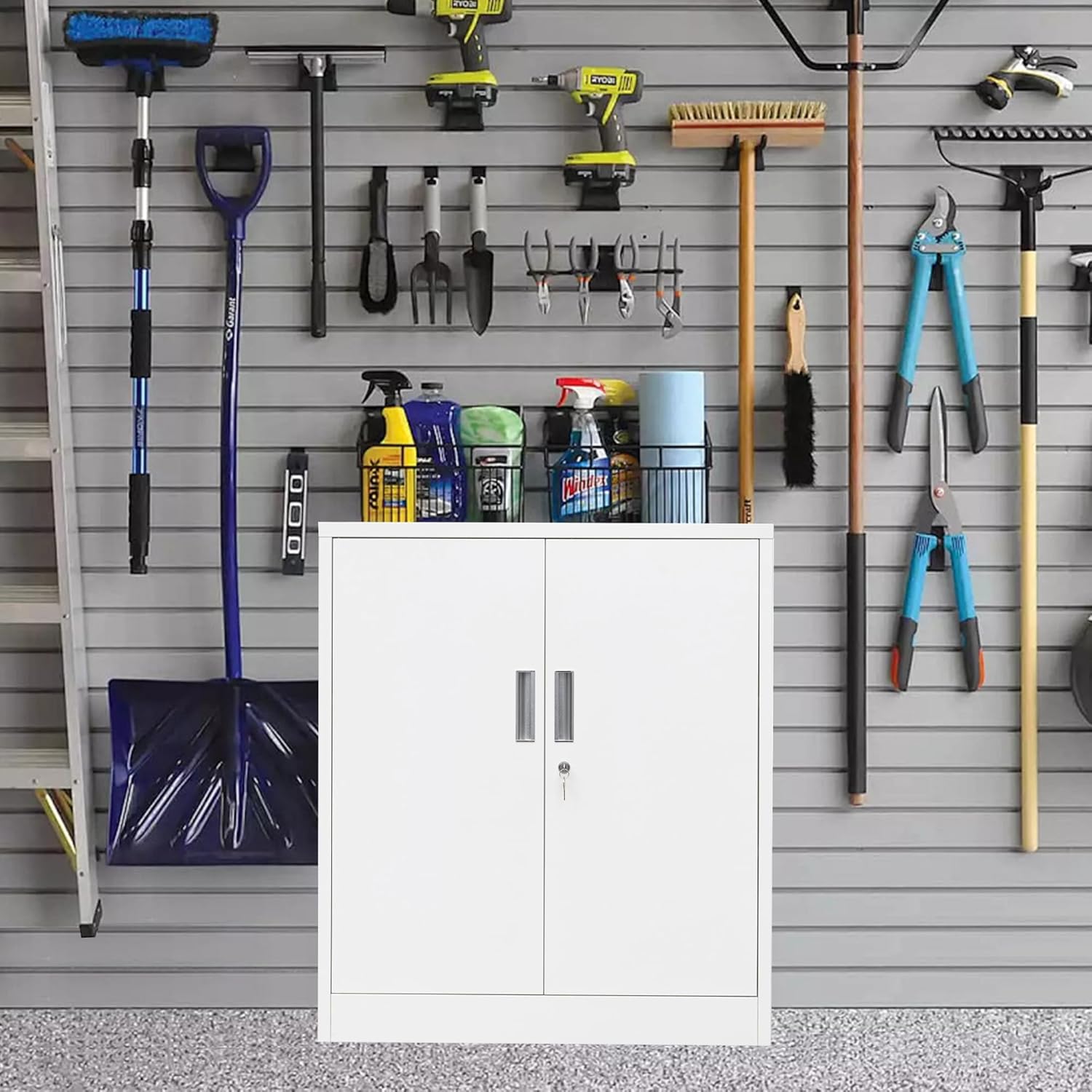 BESFUR Metal Storage Cabinet, 36"- White Locking Cabinet with Two Adjustable Shelves, Garage Storage Cabinet for Office, Garage, Home