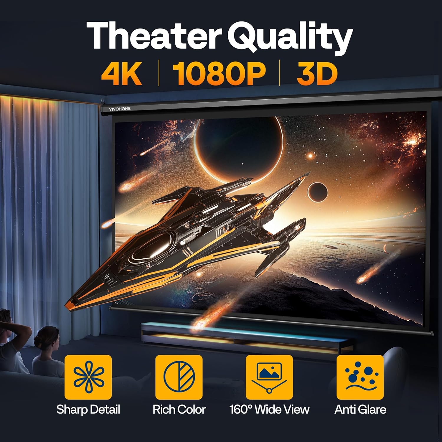 VIVOHOME Motorized Projector Screen with Remote, 16:9 84 Inch Auto Electric Projection Screen, HD 4K Movie Screen for Home Theater, Cinema, Office (73 x 41 Black)