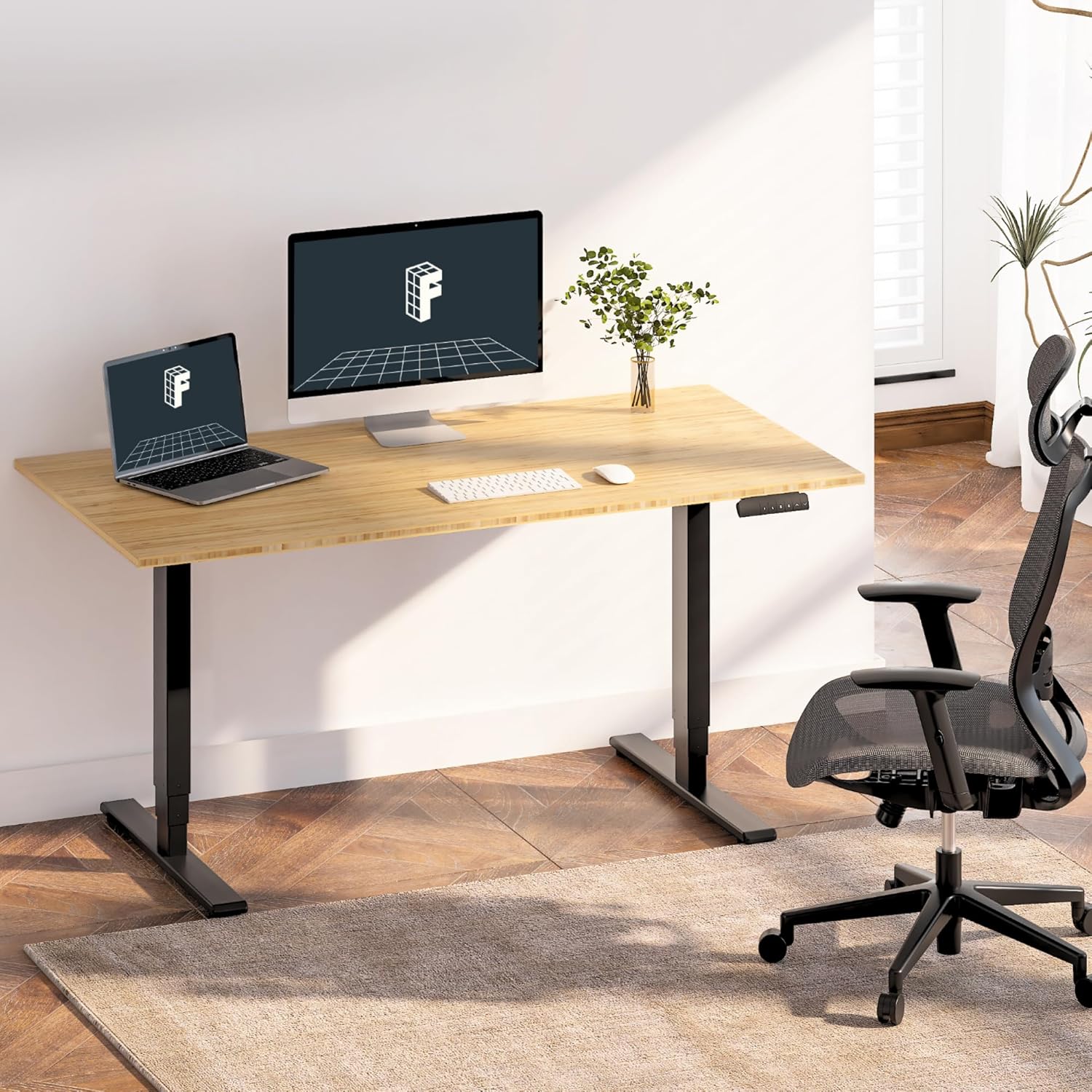 FLEXISPOT E6 Essential Bamboo 3 Stages Dual Motor 55x28 Inch Electric Height Adjustable Standing Whole-Piece Board Desk Sit Stand Up Desk (Black Frame + Bamboo Desktop)
