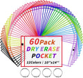 60 Packs Dry-Erase Pockets Bulk Oversized Reusable Dry Erase Pocket Sleeves with 4 Rings, 12 Assorted Colors 10x14 Ticket Holders, Clear Plastic Sheet Protectors, Teacher School Classroom Supplies