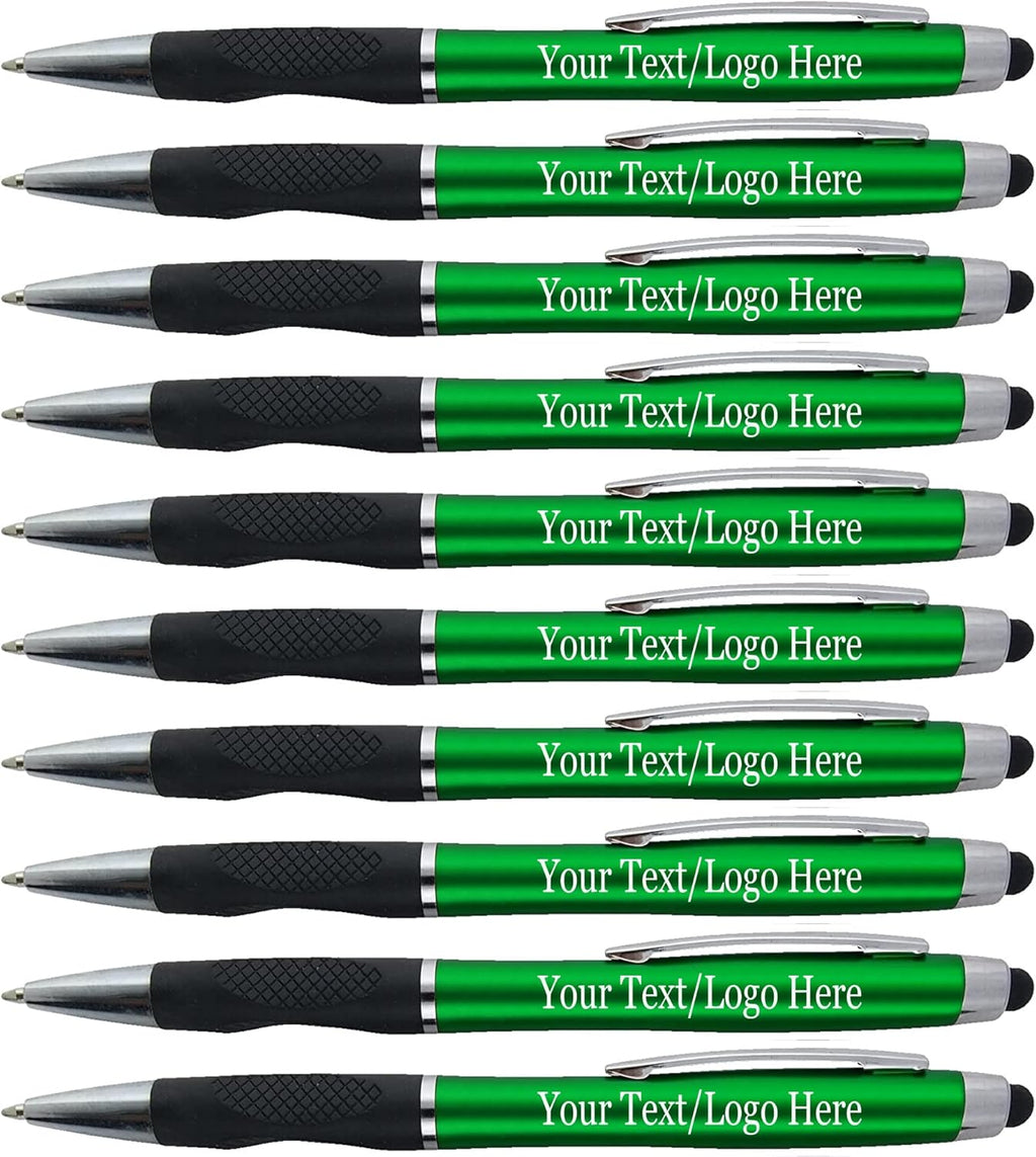 Personalized Stylus Pens With your Custom Logo or Text -300 Pack Bulk-for Businesses, Parties, and Events, 2 in 1 Ballpoint Pen + Capacitive Stylus for Touchscreen Devices, Green Barrel, Blue Ink