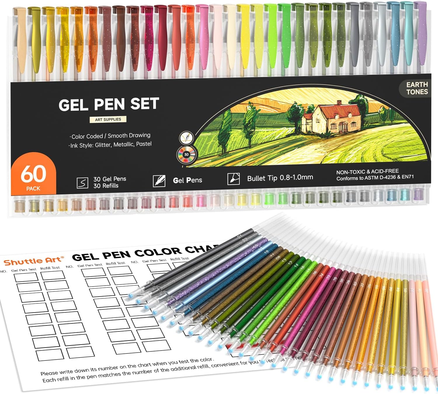Shuttle Art 60 Pack Earth Tone Gel Pens, 30 Brown Earth Tone Gel Pens with 30 Refills for Adults Coloring Books Journaling Drawing Nature, Landscapes, Animals Scenes
