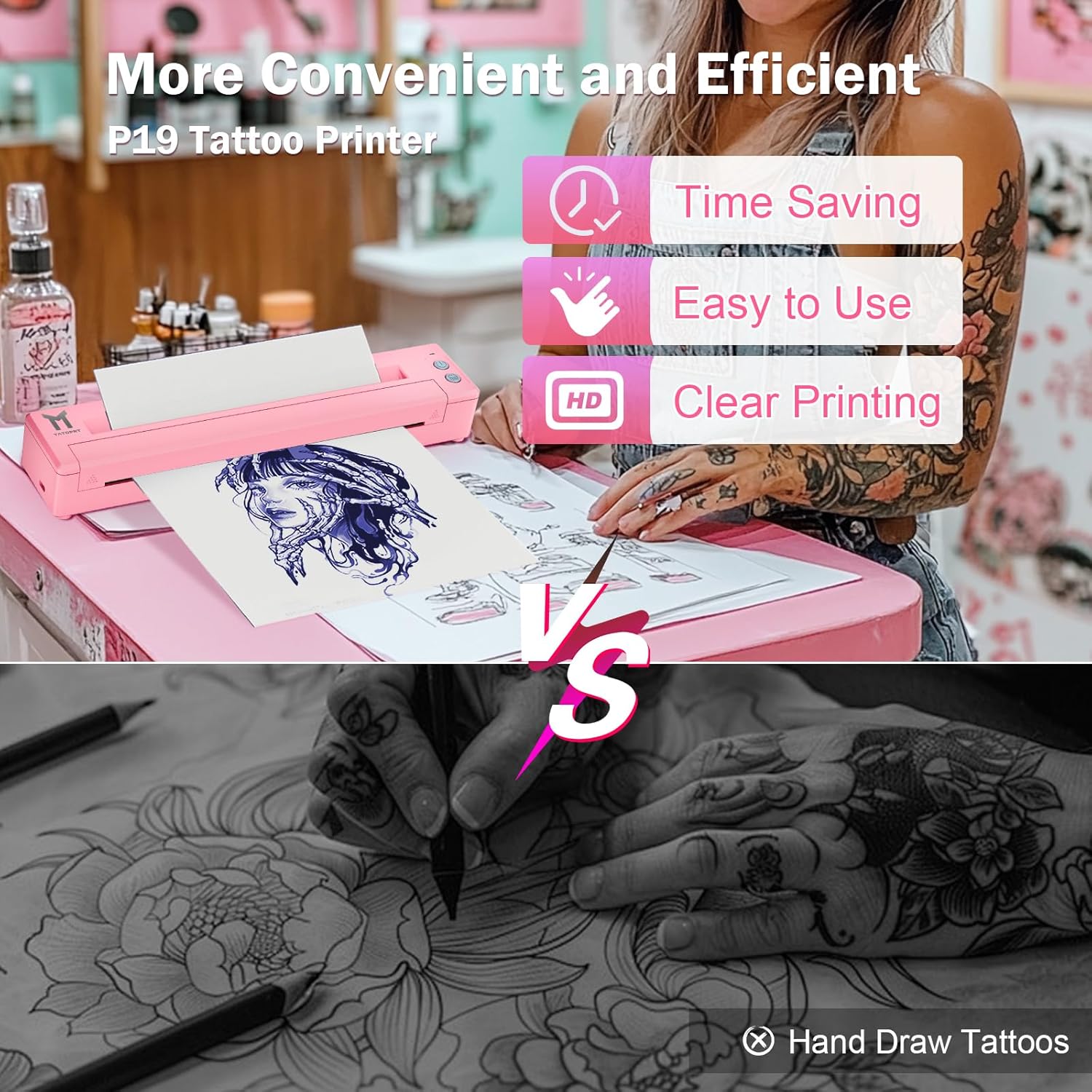 P19 Wireless Tattoo Stencil Printer Bluetooth Thermal Temporary Tattoo Transfer Printer Machine Kit for Tattoo Artists & Beginners