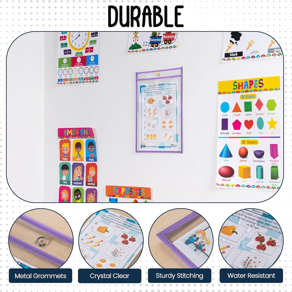 Essex Wares - 6 Pack, Light Purple, Water-Resistant Dry Erase Pocket Document Protectors, 10" Wide x 13.5" Tall - Dry Erase Clear Plastic Sleeves - Reusable & Easy Erase Plastic Invoice Holders