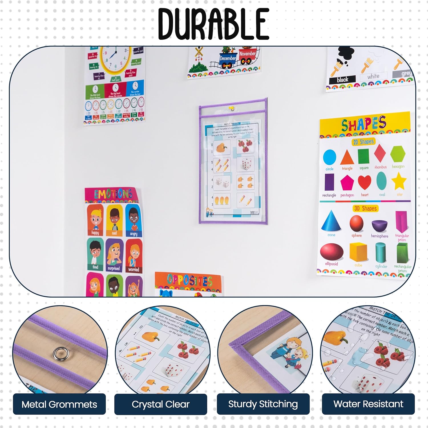 Essex Wares - 6 Pack, Light Purple, Water-Resistant Dry Erase Pocket Document Protectors, 10" Wide x 13.5" Tall - Dry Erase Clear Plastic Sleeves - Reusable & Easy Erase Plastic Invoice Holders