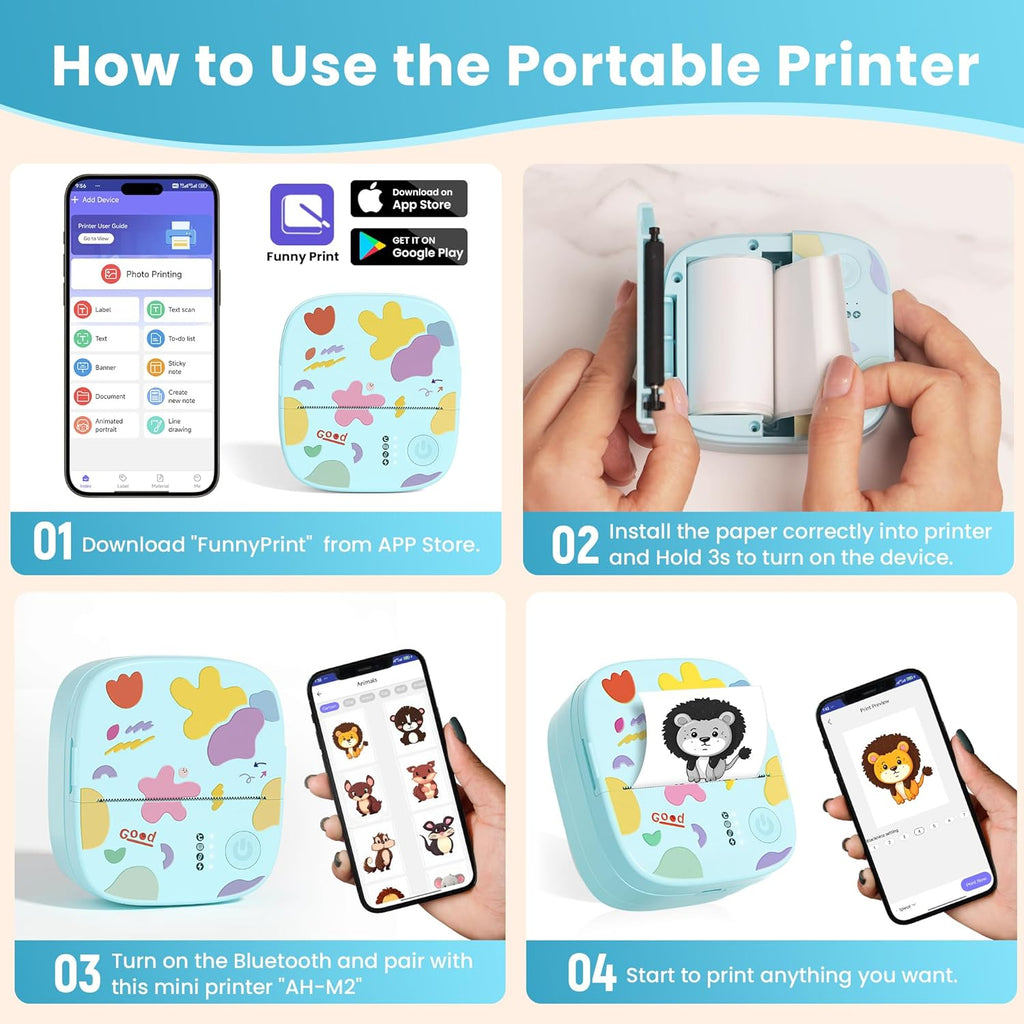 Mini Portable Sticker Printer, Mini Thermal Printer with 3 Rolls Paper, Bluetooth Inkless Printpods, Pocket Label Maker Suitable for Creative DIY, Diaries, Photos, Study Notes - Blue