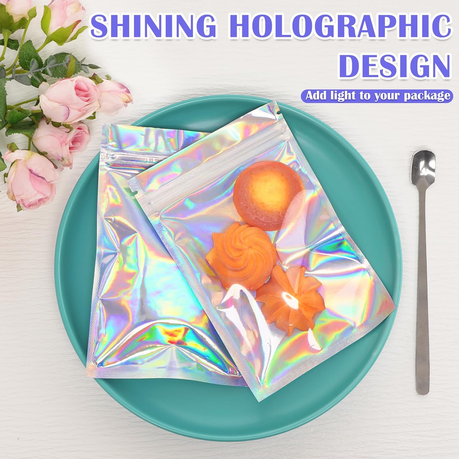 100 Pcs Mylar Bags, Holographic Bags, Smell Proof Bags, Resealable Bags for Small Business, Sample Bags, Sealable Bags for Packaging Gift, Jewelry, Candy, Bracelets, Party Favor (2.8x3.9in)