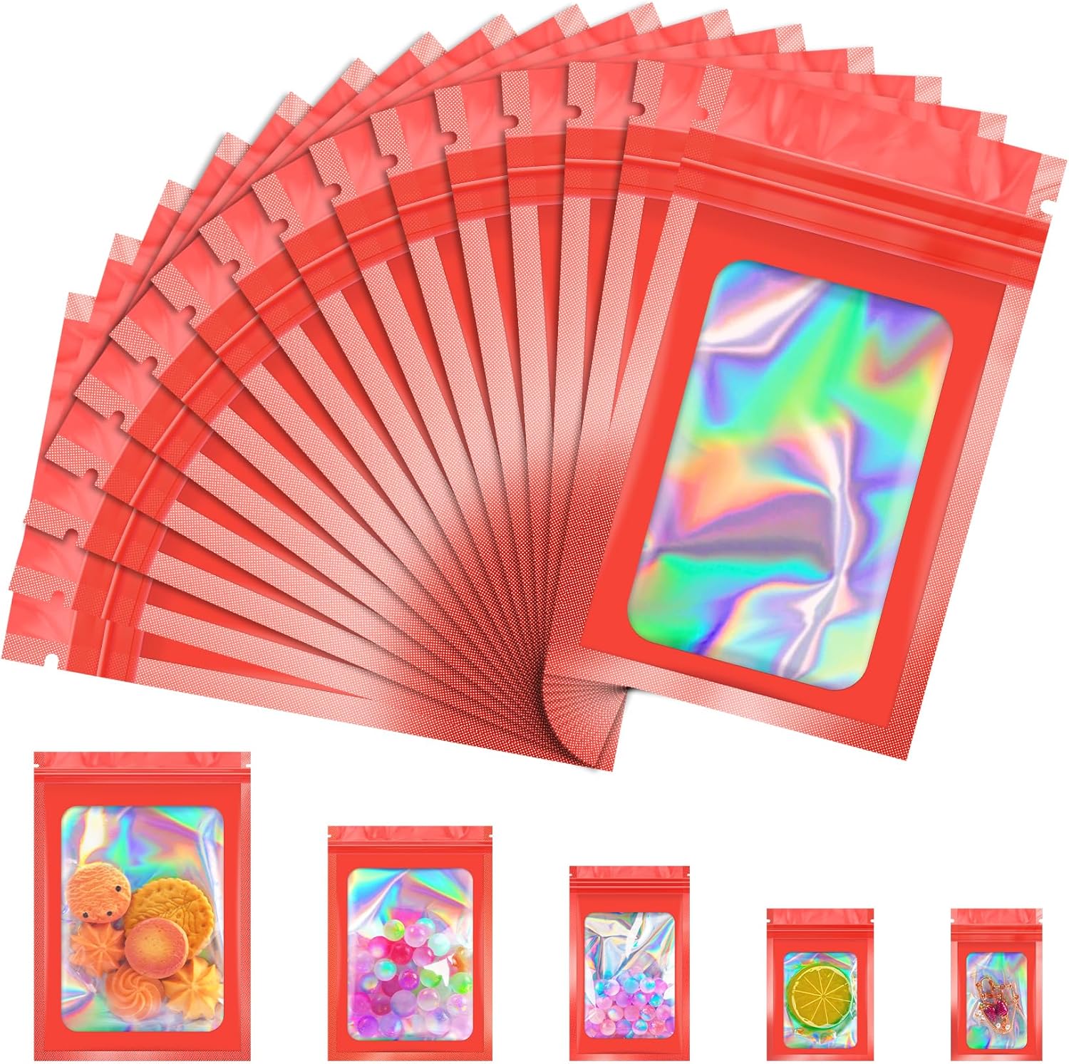 100 Pcs Mylar Bags, Smell Proof Bags Foil Pouch, Holographic Resealable Bags for Small Business, Candy Sample Jewelry Bag Sealable Packaging for Party Favor Food Storage (5.5x7.9in-Red)