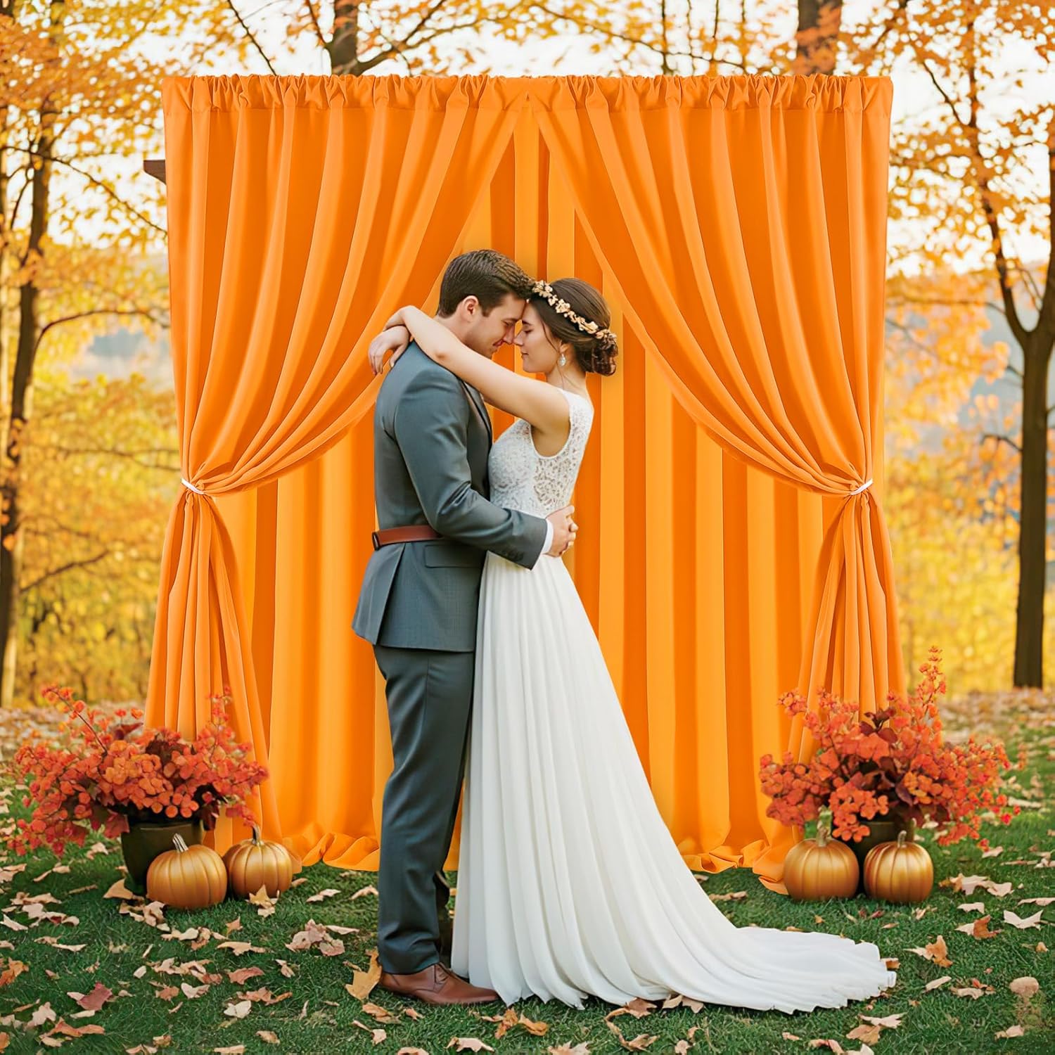 Orange Backdrop Curtains 4 Panels 5ft x 10ft Polyester Wrinkle Free Fabric Photo Drapes for Backdrop Parties Home Halloween Decorations
