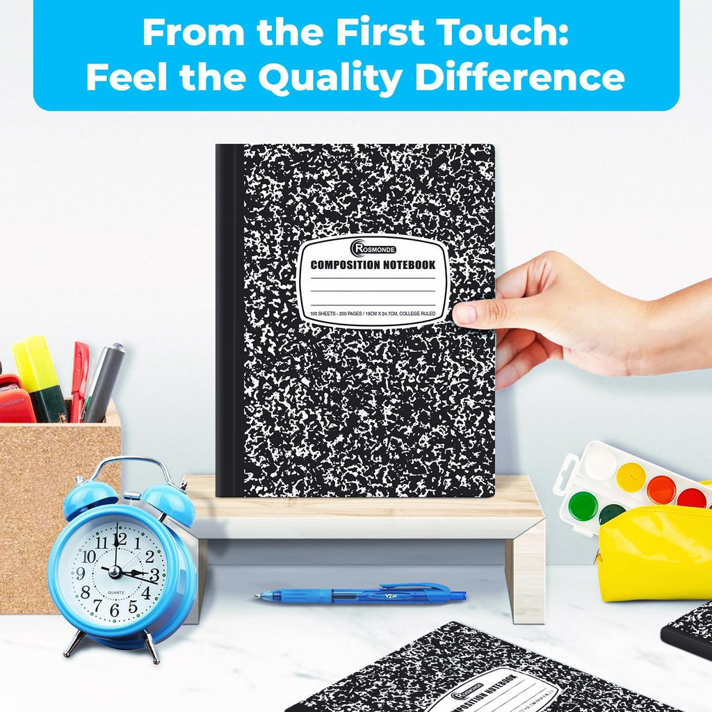 College Ruled Composition Notebooks 5 Pack, 200 Pages (100 Sheets), 9-3/4" x 7-1/2", White & Black Marble Composition Book, Hard Cover, Sturdy Sewn Binding, School, College & Office Supplies