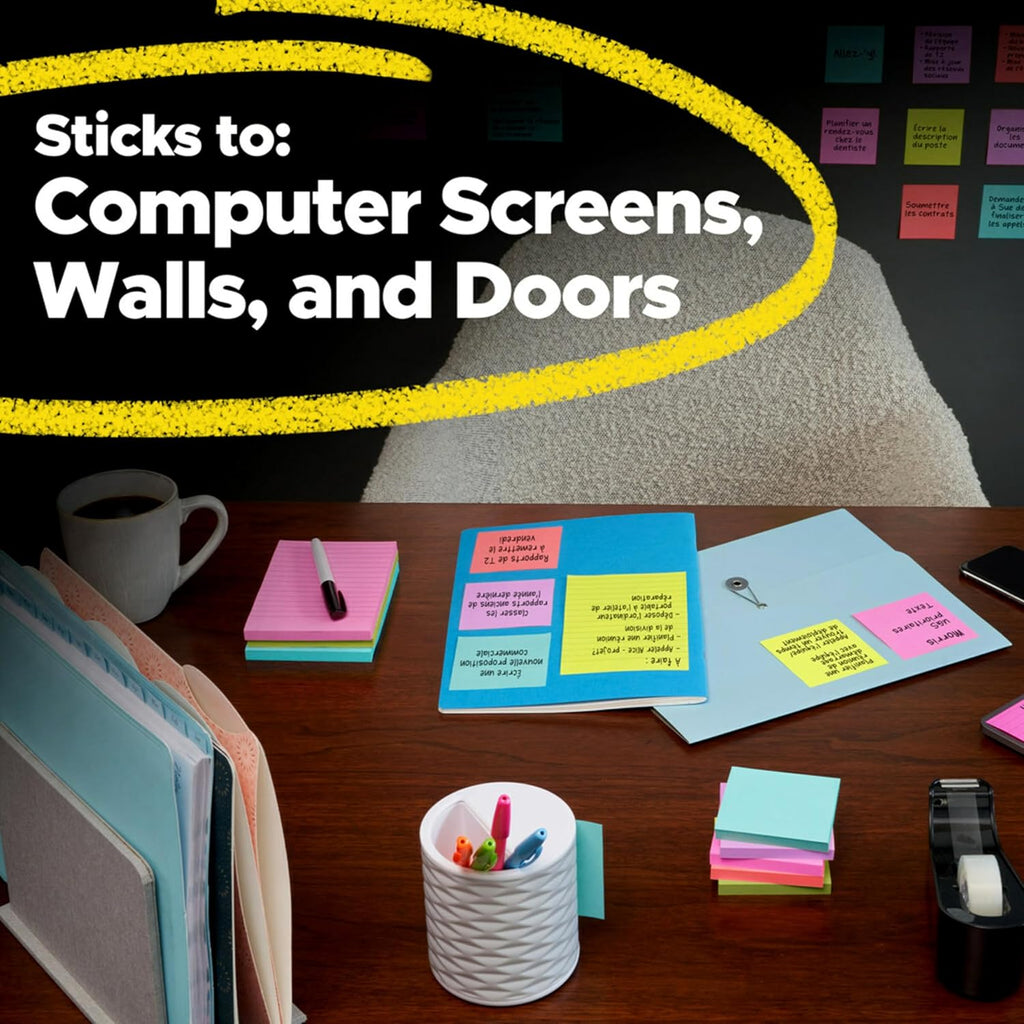 Post-it Super Sticky Notes, 24 Sticky Note Pads, 3 x 3 in., School Supplies, Office Products, Sticky Notes for Vertical Surfaces, Monitors, Walls and Windows, Supernova Neons Collection (Pack of 8)