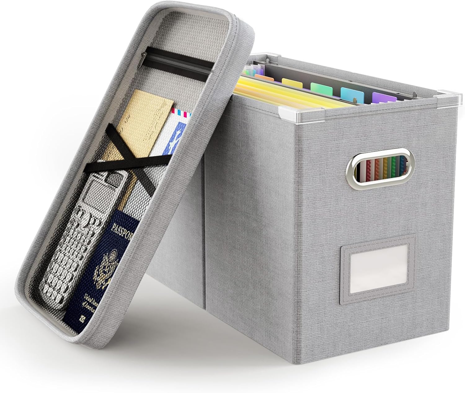 Oterri File Organizer with Lid, Hanging Filing Box with Mesh Pocket, Document Organizer for Letter Files, Portable Storage Box with Smooth Sliding Rail for Office & Home (1 PCS, Light Grey)